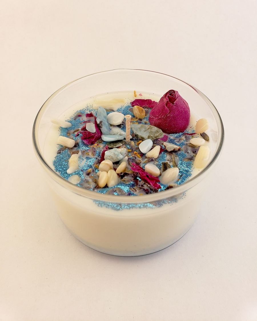 Pure Blessings - Coconut Soy Wax Handmade Scented Tumbler Candle - Scented with Essential Oils - Crystal Chips and Dried Herbs - Larimar Mother of Pearl and White Bamboo Fossil Coral - Lavender and Peony