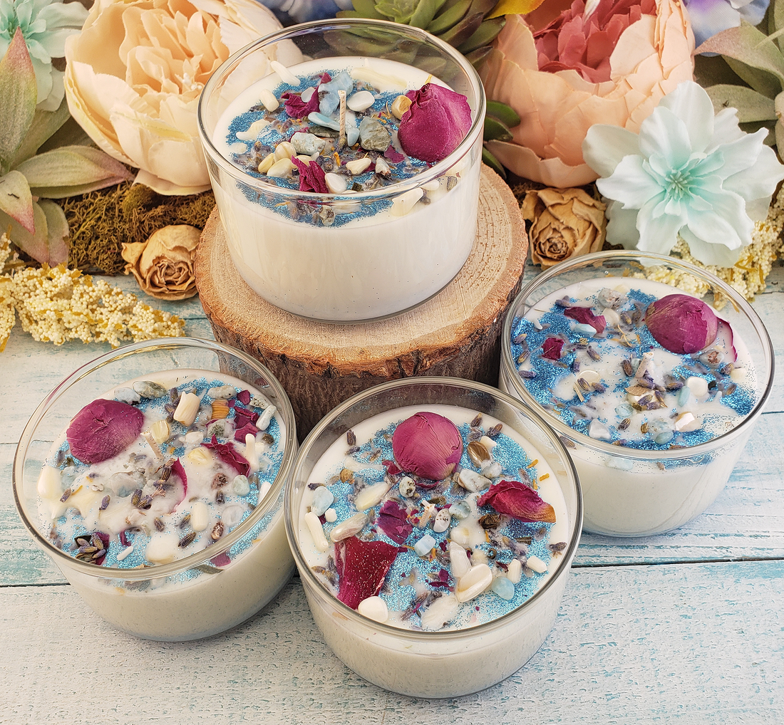 Pure Blessings - Coconut Soy Wax Handmade Scented Tumbler Candle - Scented with Essential Oils - Crystal Chips and Dried Herbs - Larimar