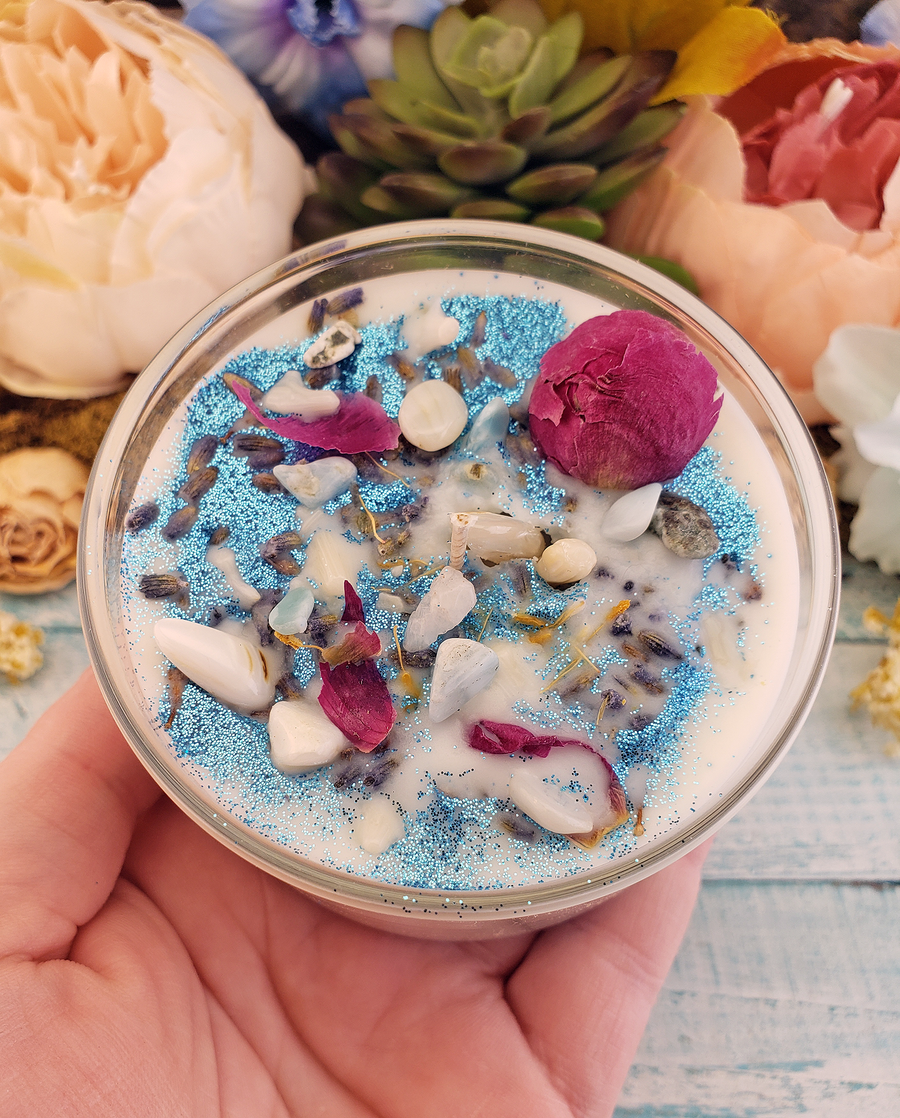 Pure Blessings - Coconut Soy Wax Handmade Scented Tumbler Candle - Scented with Essential Oils - Crystal Chips and Dried Herbs - Larimar Mother of Pearl and White Bamboo Fossil Coral - Lavender