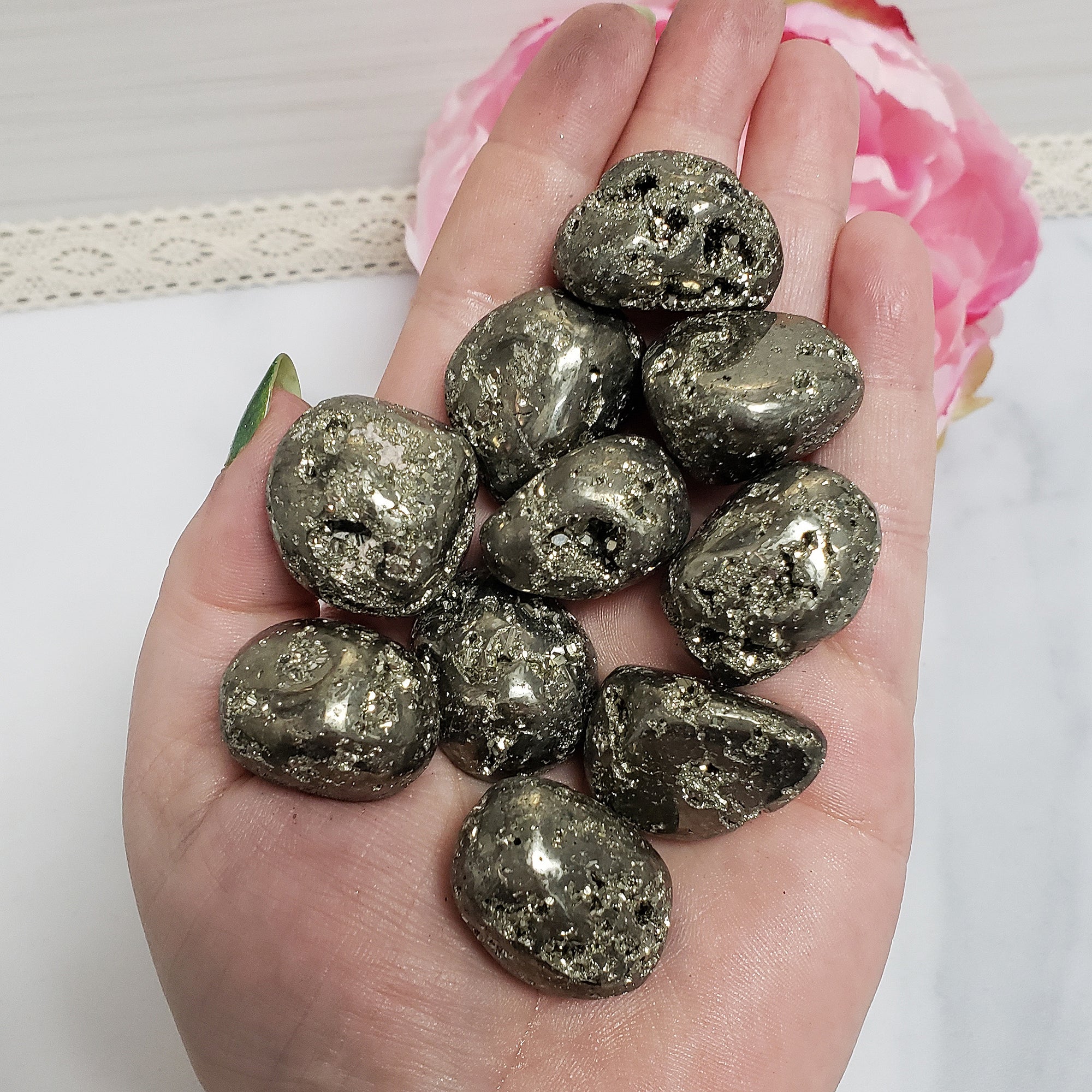 Pyrite Crystal Fool&#39;s Gold Natural Gemstone Semi-Tumbled Stone with Druzy Caverns-  7