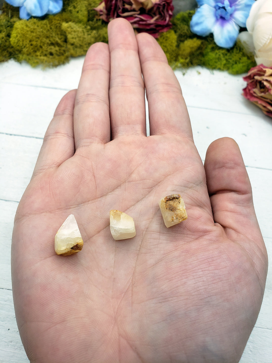 hand holding three phenacite stone pieces in palm