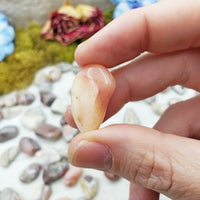 pink botswana agate stone between fingers