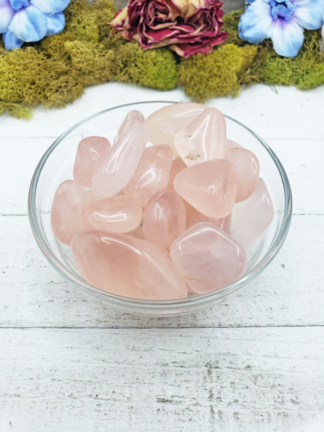Pink Girasol Quartz Stones in glass bowl
