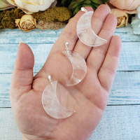 Clear Quartz Crystal Crescent Moon Gemstone Pendant Necklace - In Hand