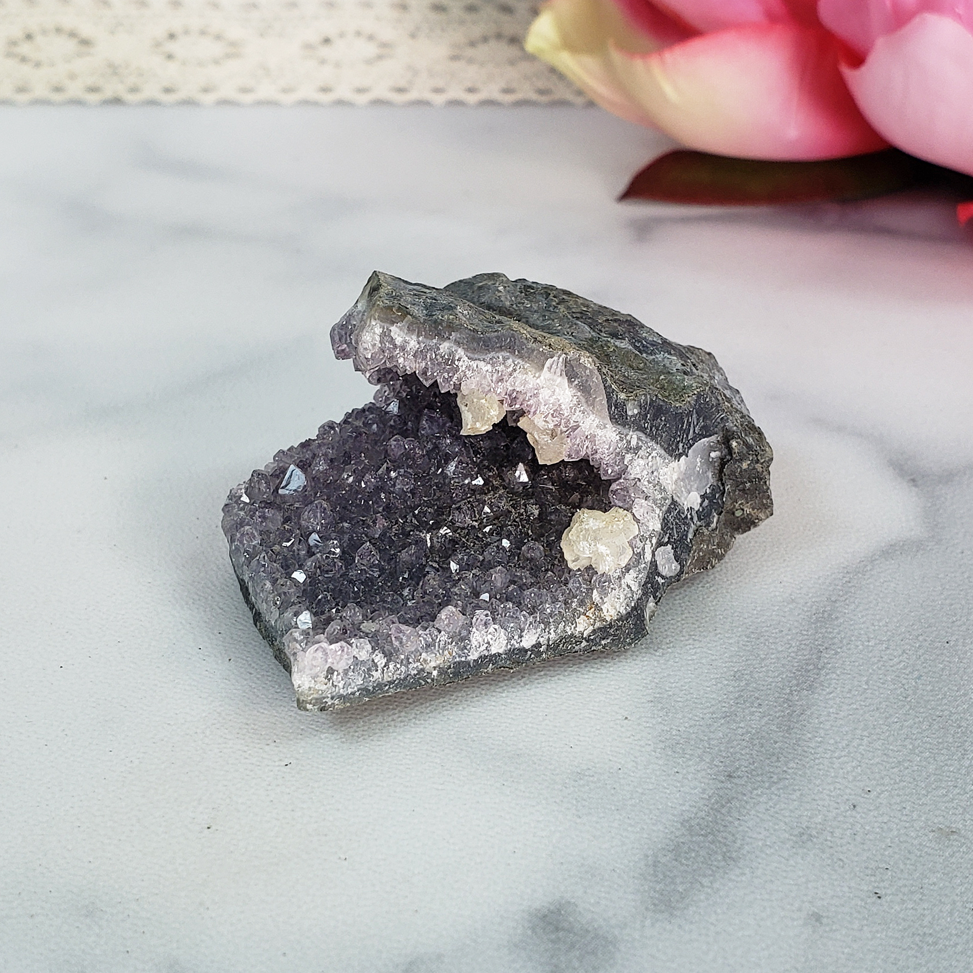 Unique Druzy Amethyst with Gypsum Crystal Cluster Natural Gemstone | Quietude - 1