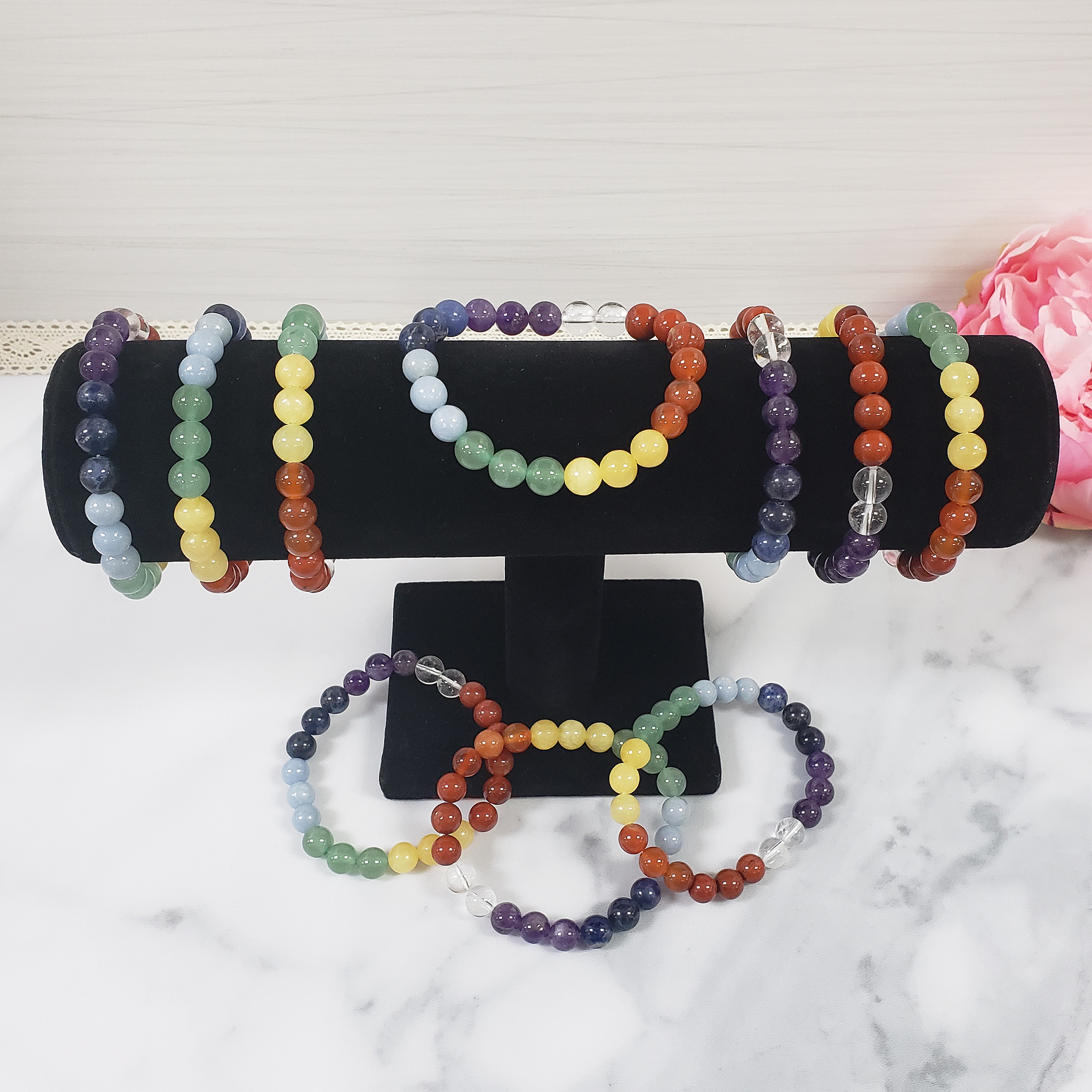 Rainbow Crystal Chakra Bracelet | 7-8mm Natural Gemstone Bead Bracelet - On Jewelry Form