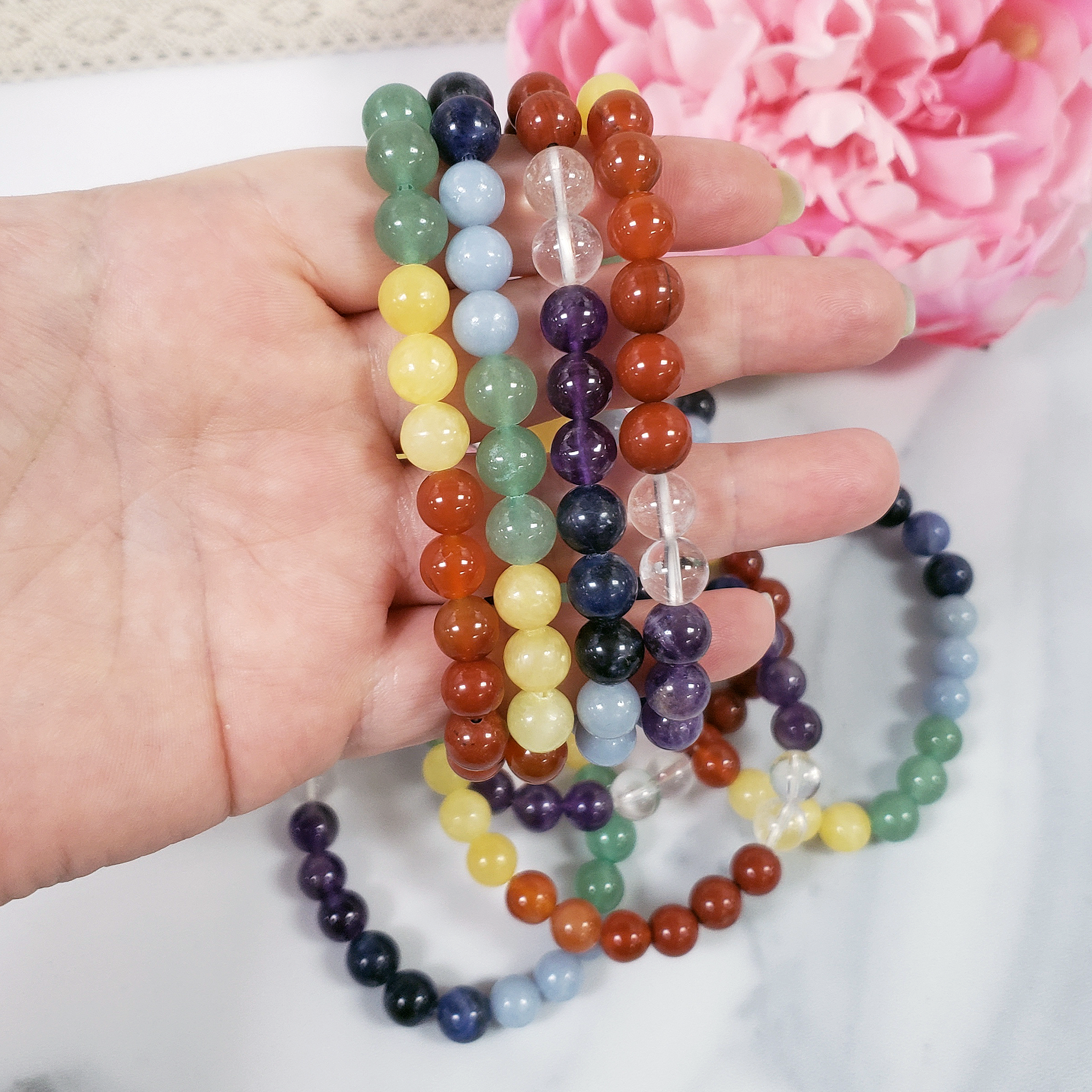 Rainbow Crystal Chakra Bracelet | 7-8mm Natural Gemstone Bead Bracelet - Multiple Bracelets Together