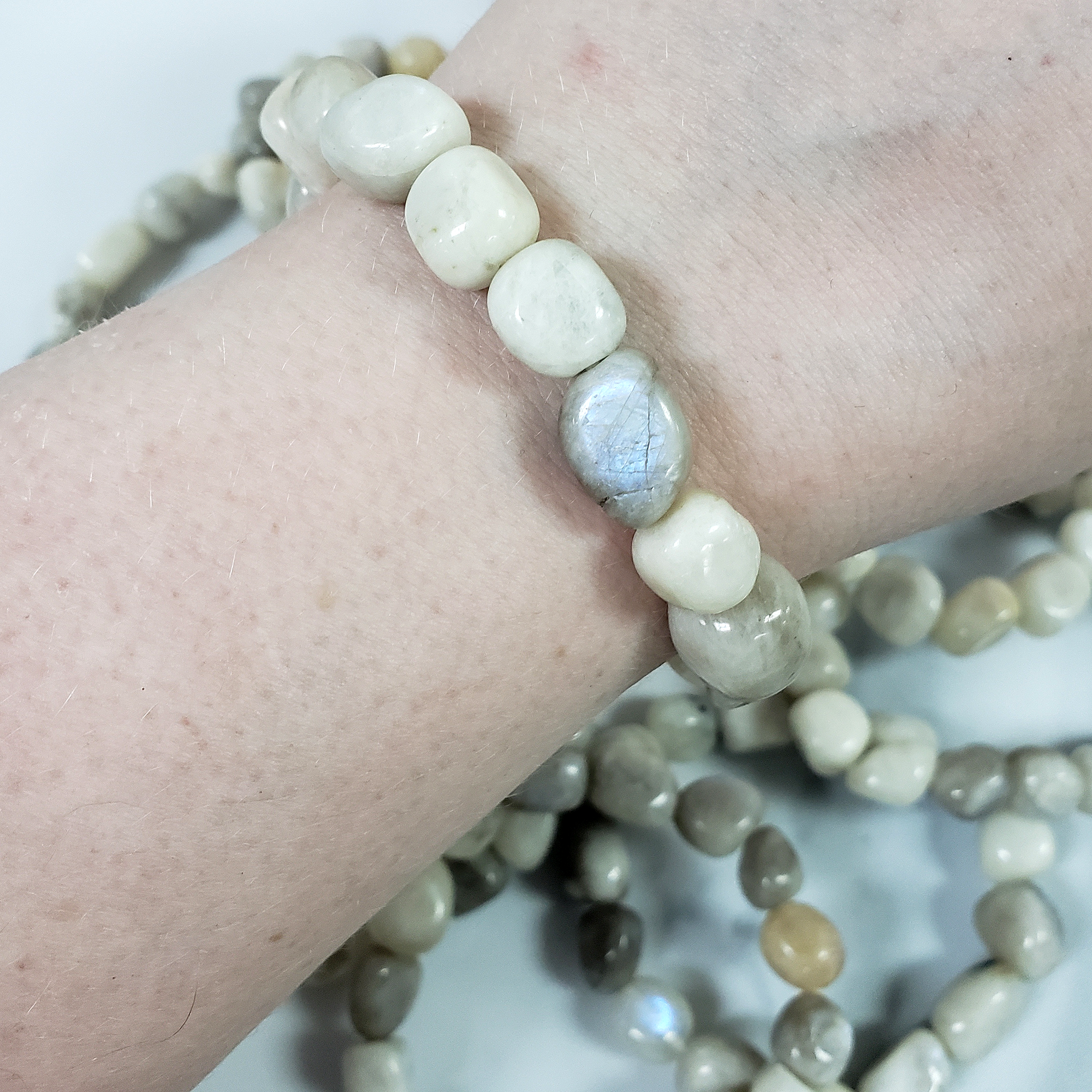 Rainbow Moonstone Crystal Natural Gemstone Nugget Bead Bracelet - On Wrist