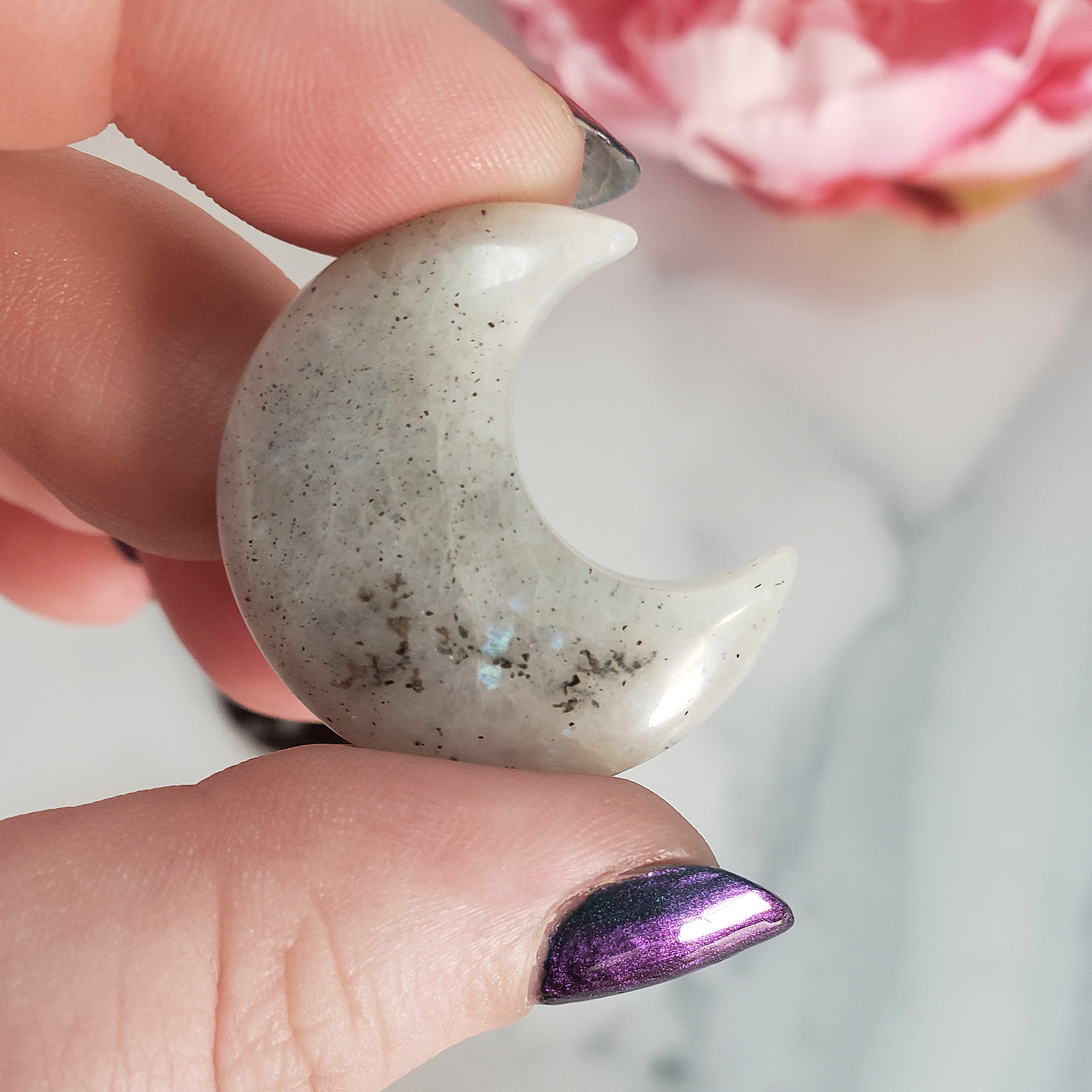 Rainbow Moonstone Crystal Natural Gemstone Crescent Moon Carving Fidget Stone - Mostly White Rainbow Moonstone