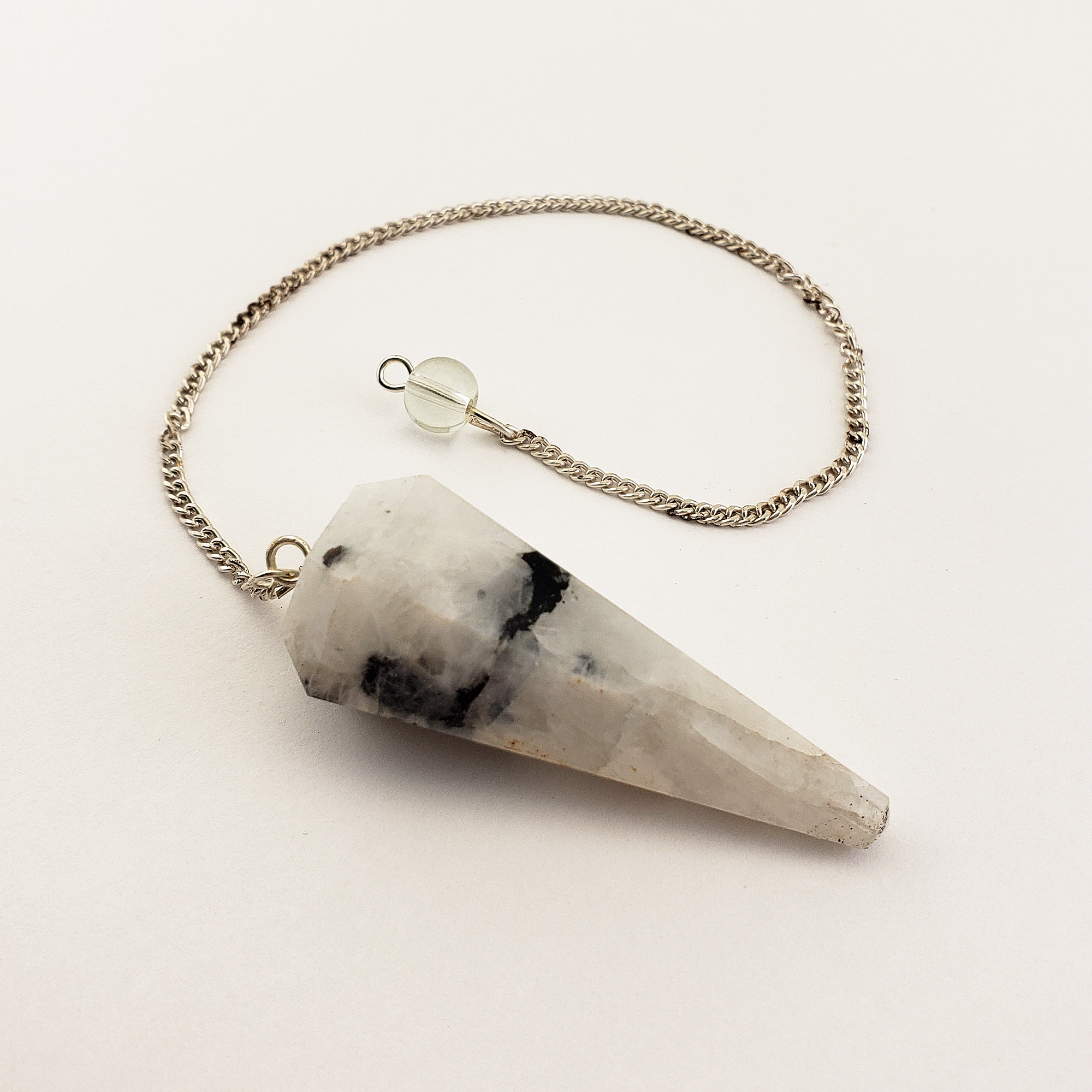 Rainbow Moonstone Crystal Natural Gemstone Pendulum | Spiritual Tool - White Background