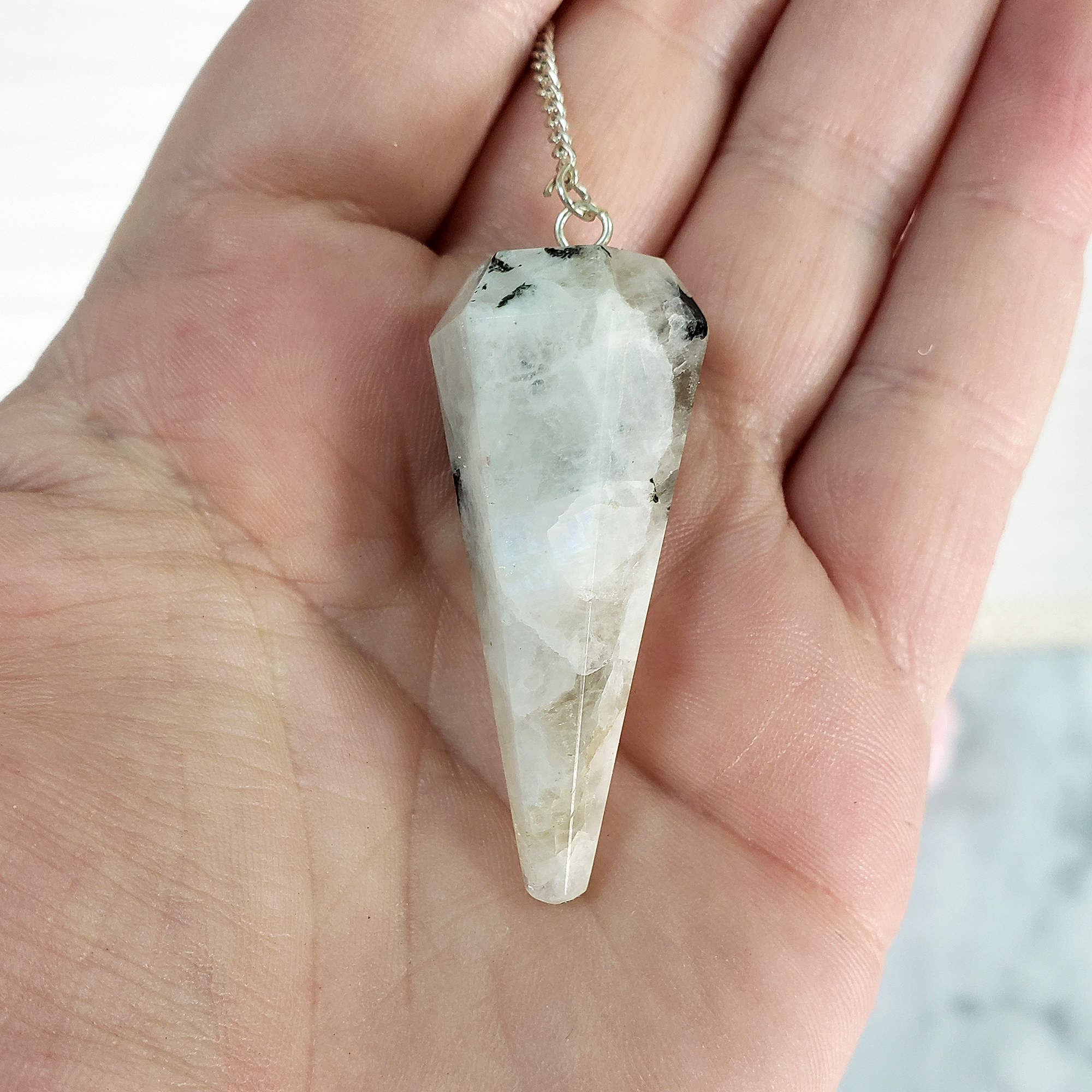 Rainbow Moonstone Crystal Natural Gemstone Pendulum | Spiritual Tool - Close Up 1