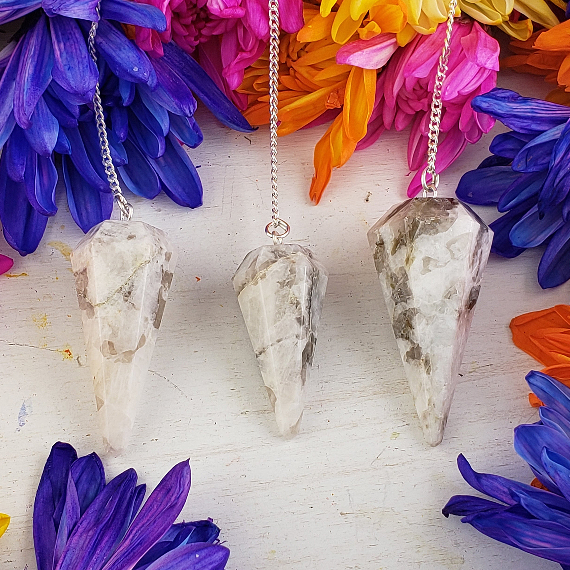 Rainbow Moonstone Crystal Natural Gemstone Pendulum | Spiritual Tool - Three Pendulums Side by Side