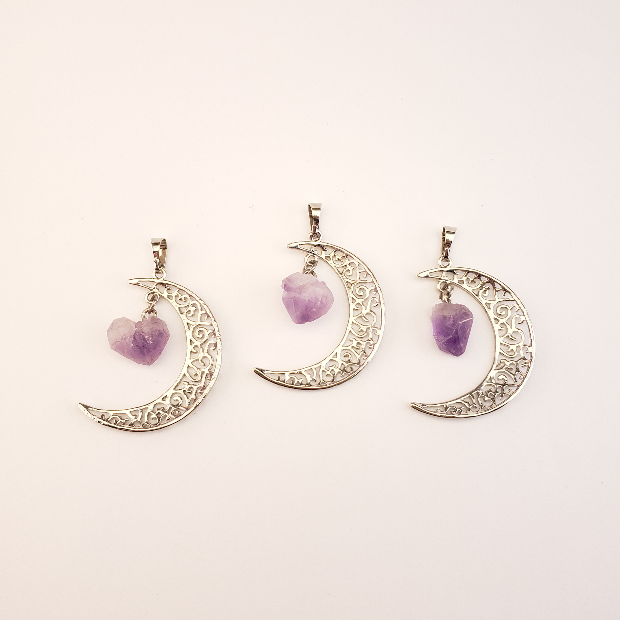 Amethyst Crescent Moon Gemstone Pendant Necklace - Facing Left