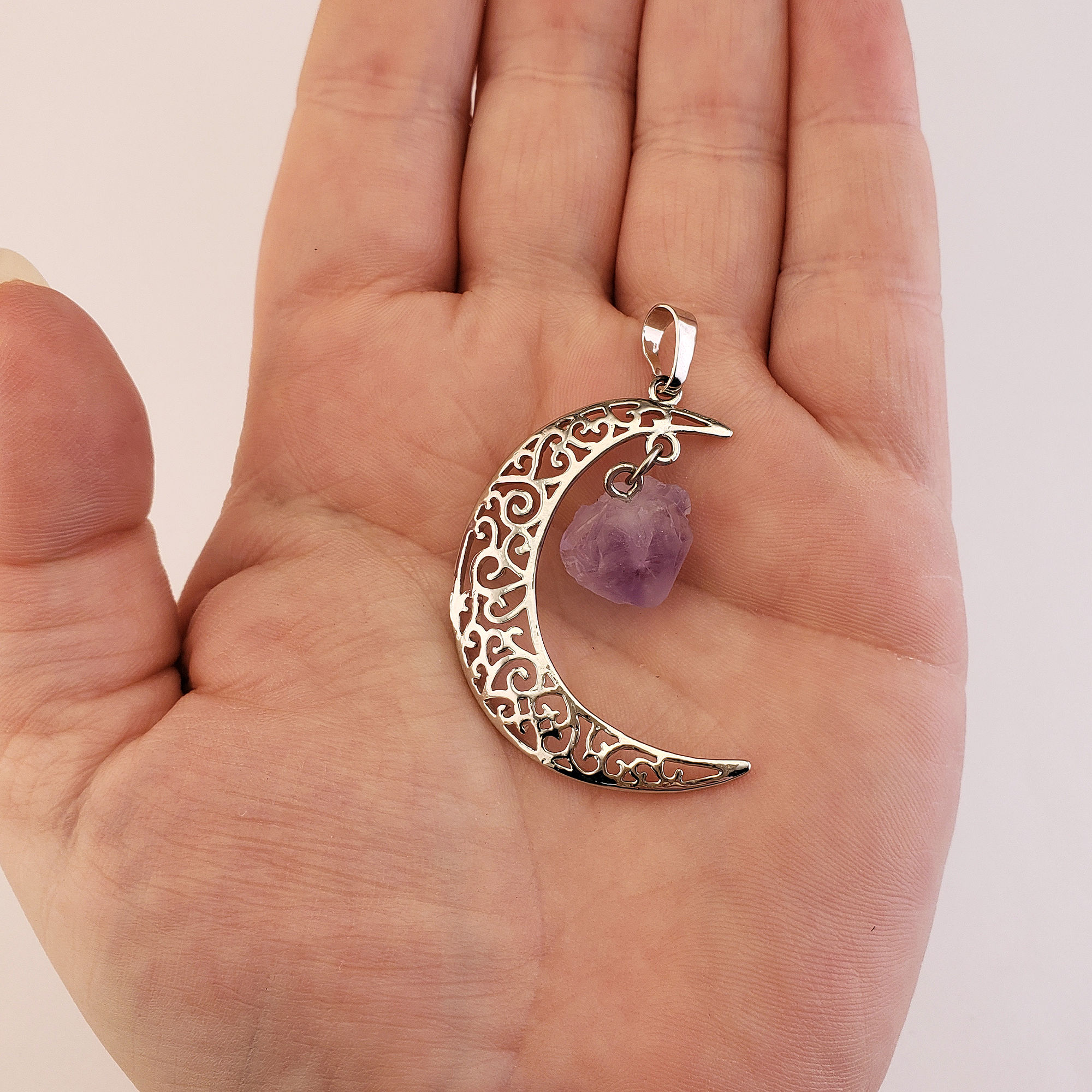 Amethyst Crescent Moon Gemstone Pendant Necklace - In Hand