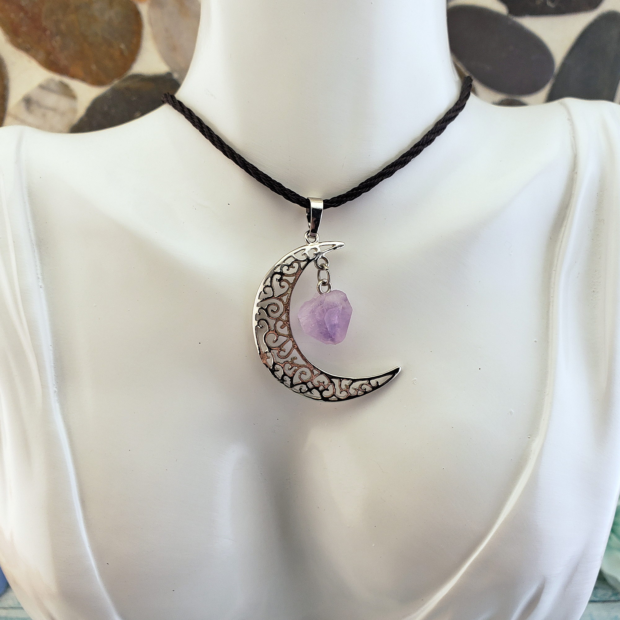 Amethyst Crescent Moon Gemstone Pendant Necklace - On Form