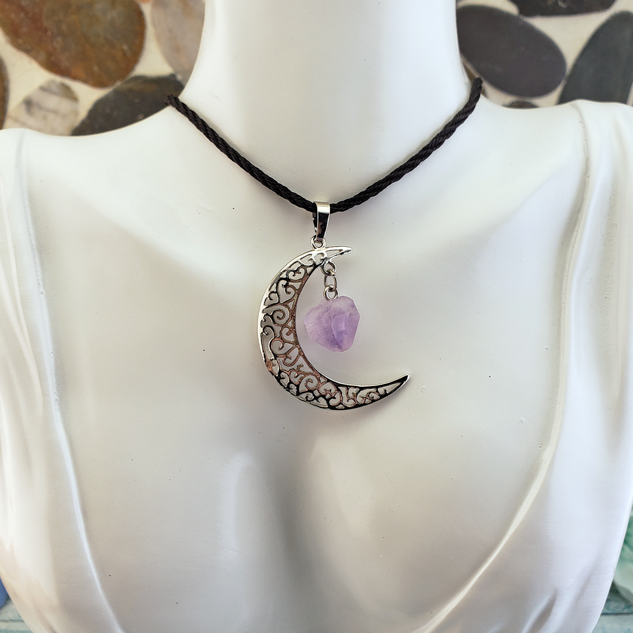 Amethyst Crescent Moon Gemstone Pendant Necklace Crystal