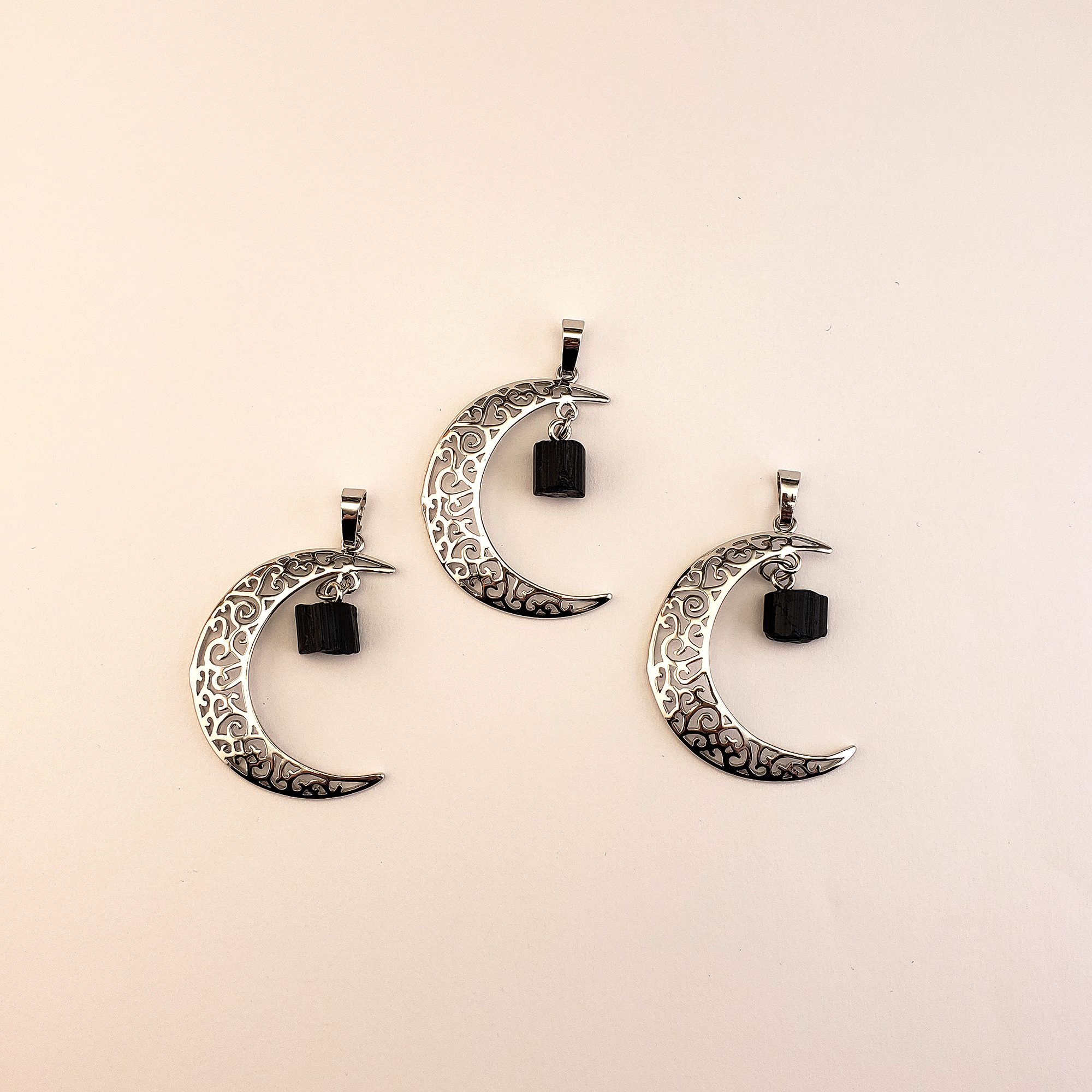 Black Tourmaline Crescent Moon Gemstone Pendant Necklace - On White Background