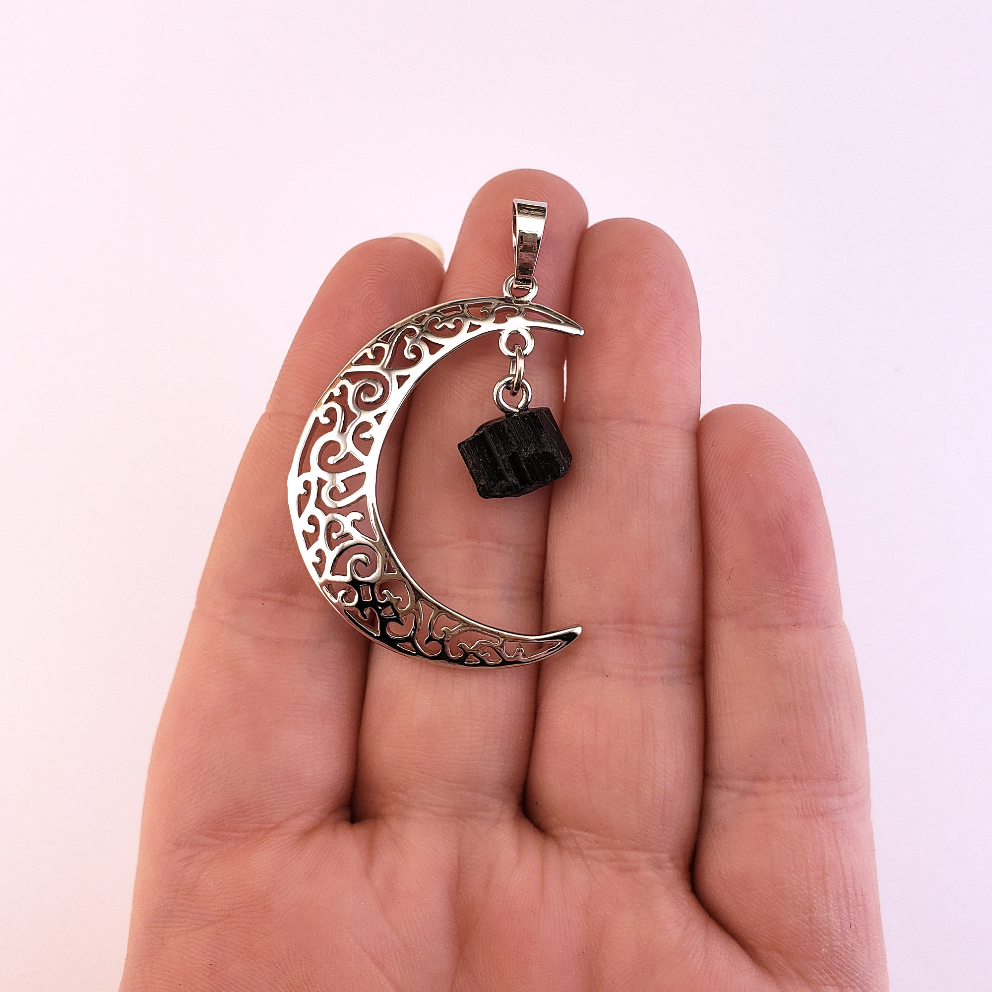 Black Tourmaline Crescent Moon Gemstone Pendant Necklace - In Hand