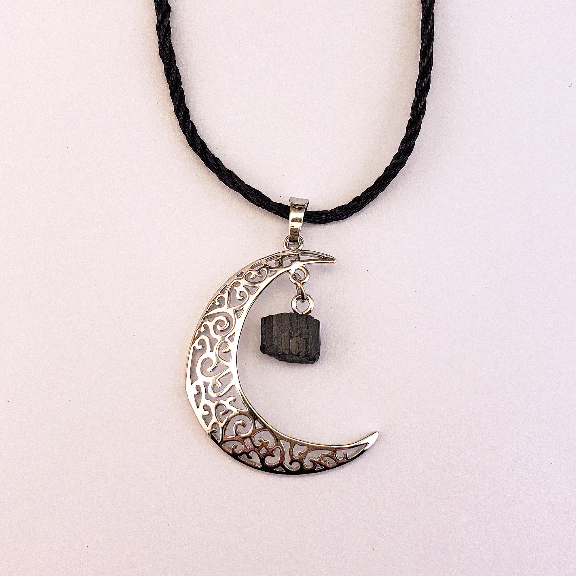 Black Tourmaline Crescent Moon Gemstone Pendant Necklace