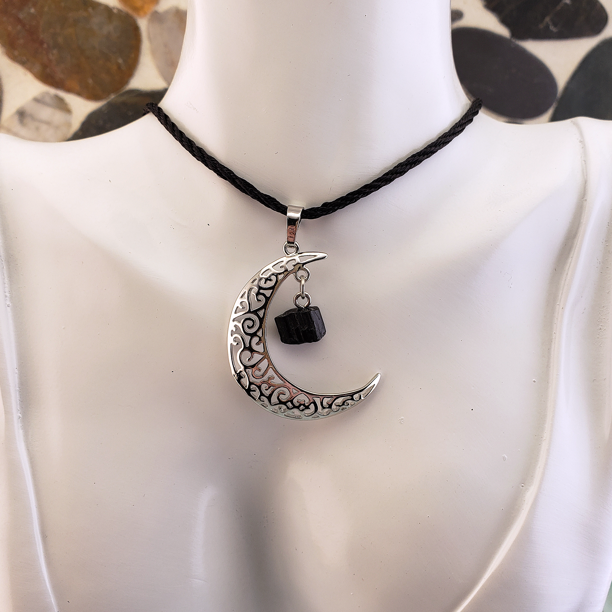 Black Tourmaline Crescent Moon Gemstone Pendant Necklace - On Form