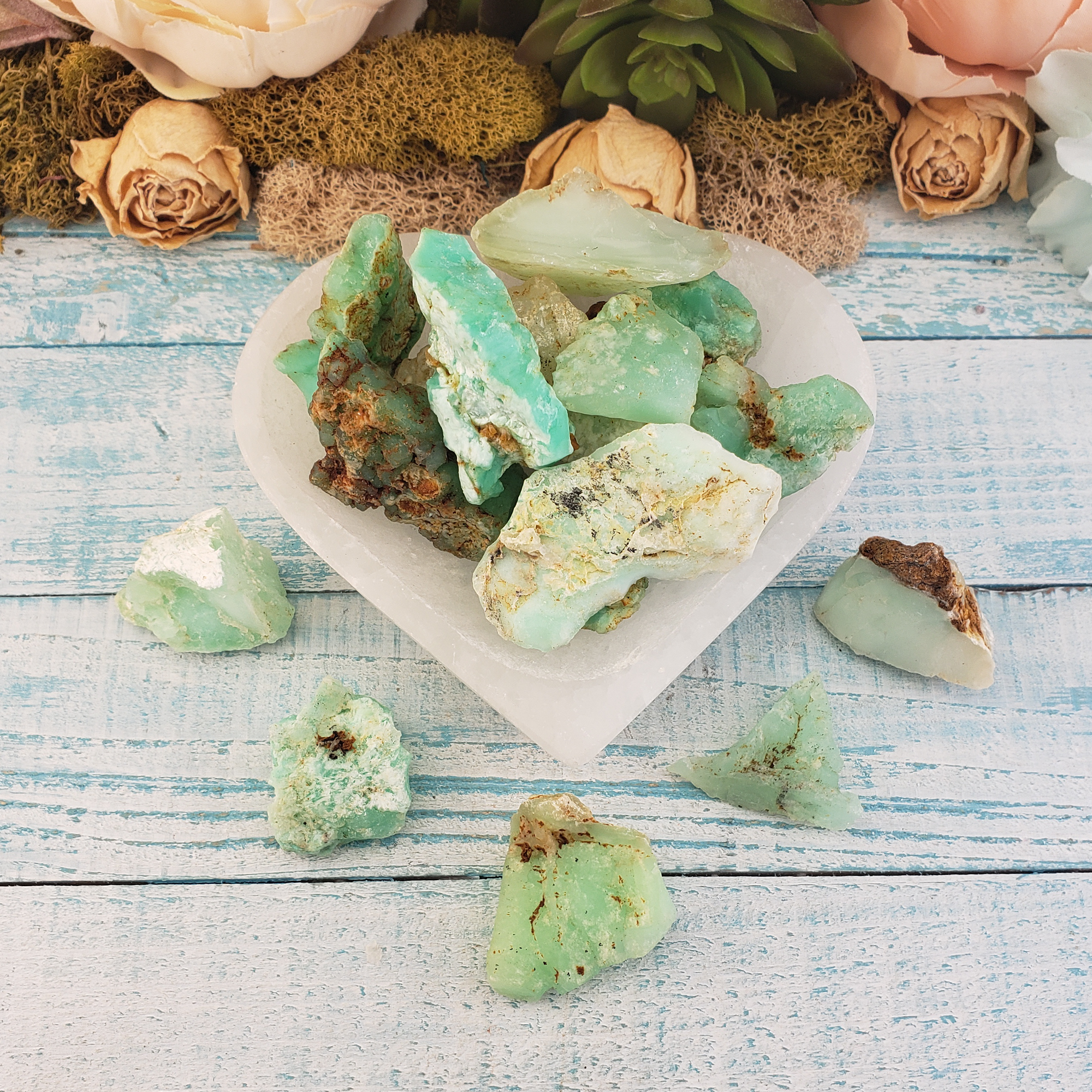 Chrysoprase Natural Raw Crystal Rough Gemstone - High Quality Small - In Selenite Bowl
