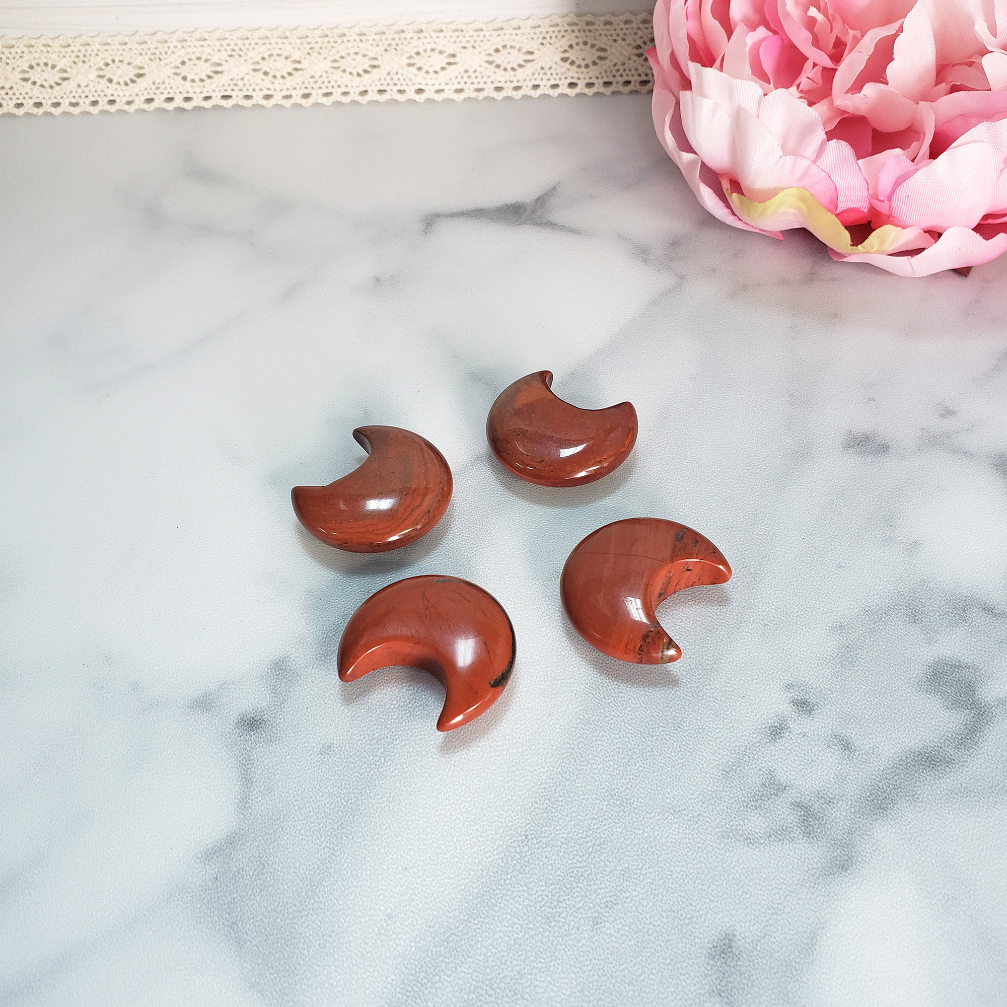 Red Jasper Natural Gemstone Crescent Moon Carving Fidget Stone - Red Jasper Stone Crystal Moons On Tile 2