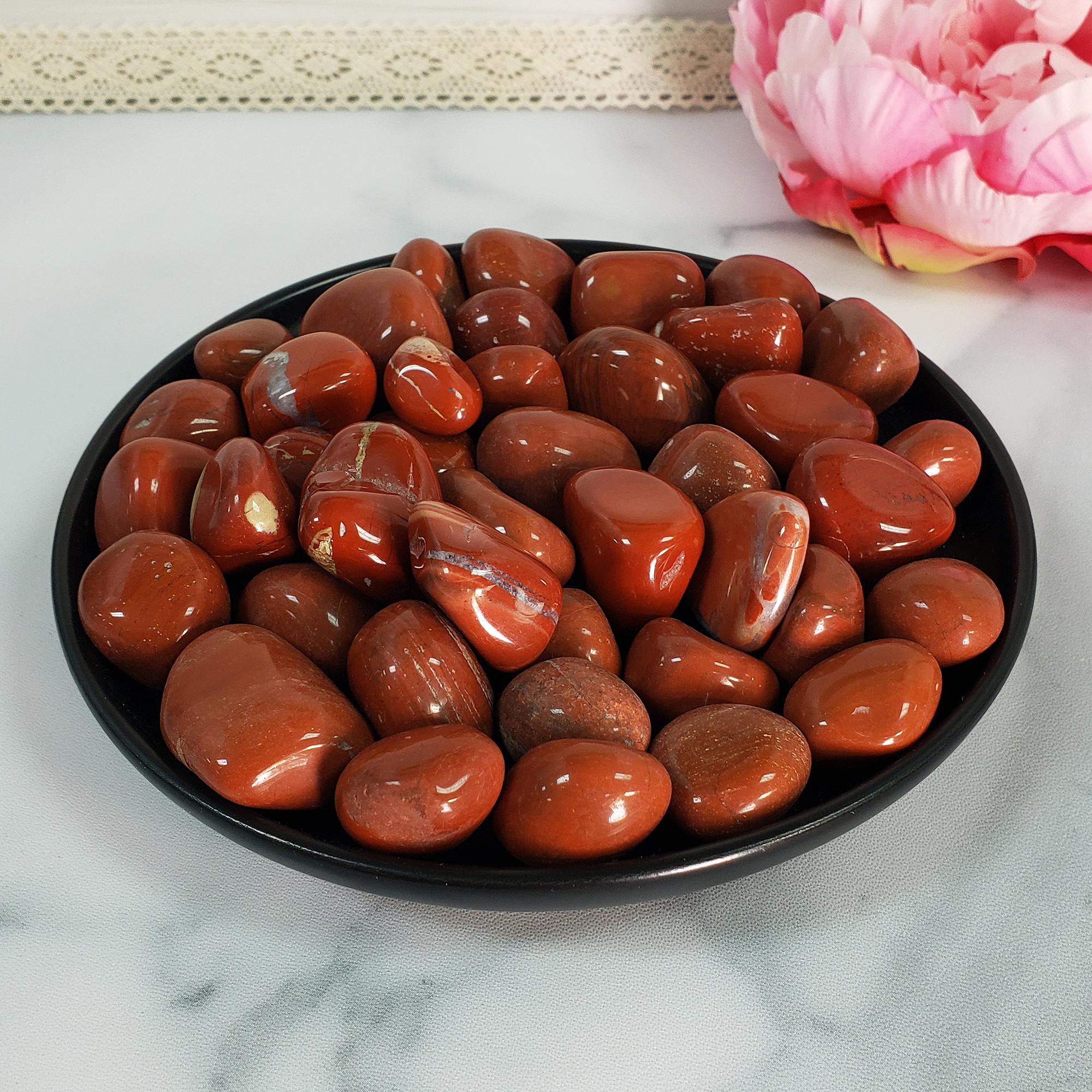 Red Jasper Stone Natural Gemstone Tumbled Crystal - in Black Ceramic Plate