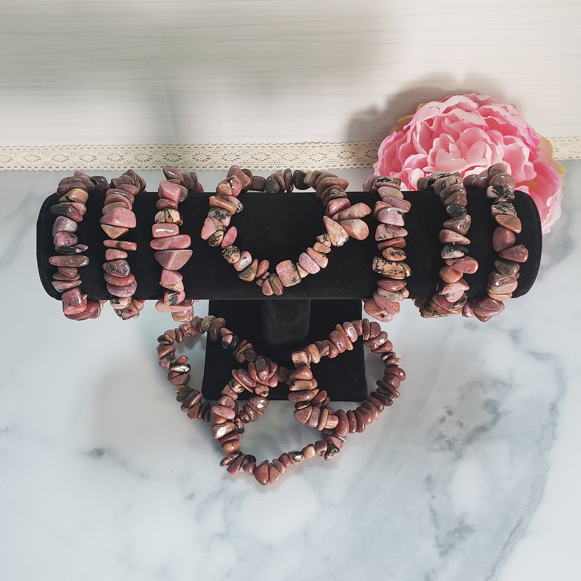 Rhodonite Crystal Natural Gemstone Nugget Bead Bracelet - From Above