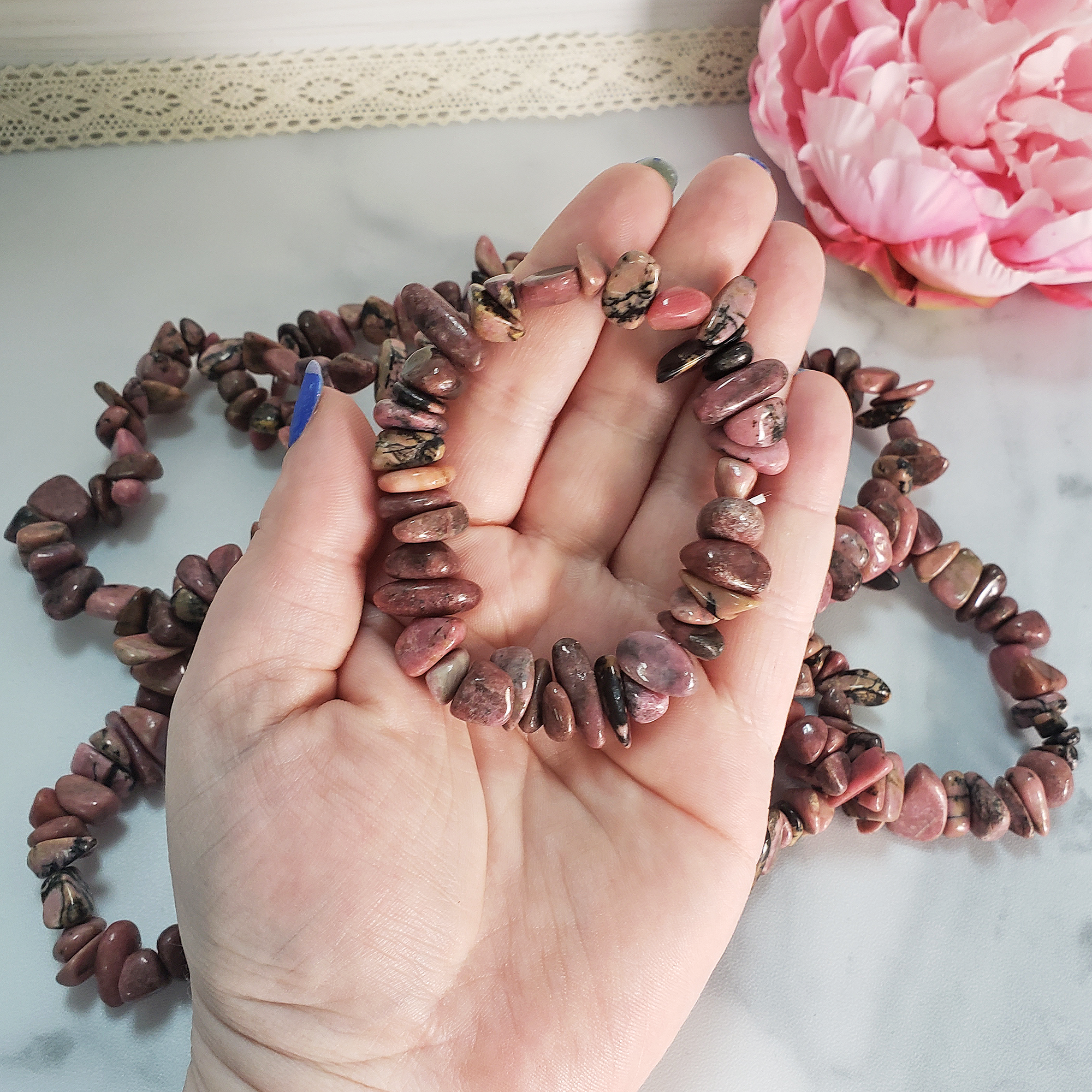 Rhodonite Crystal Natural Gemstone Nugget Bead Bracelet - In Hand