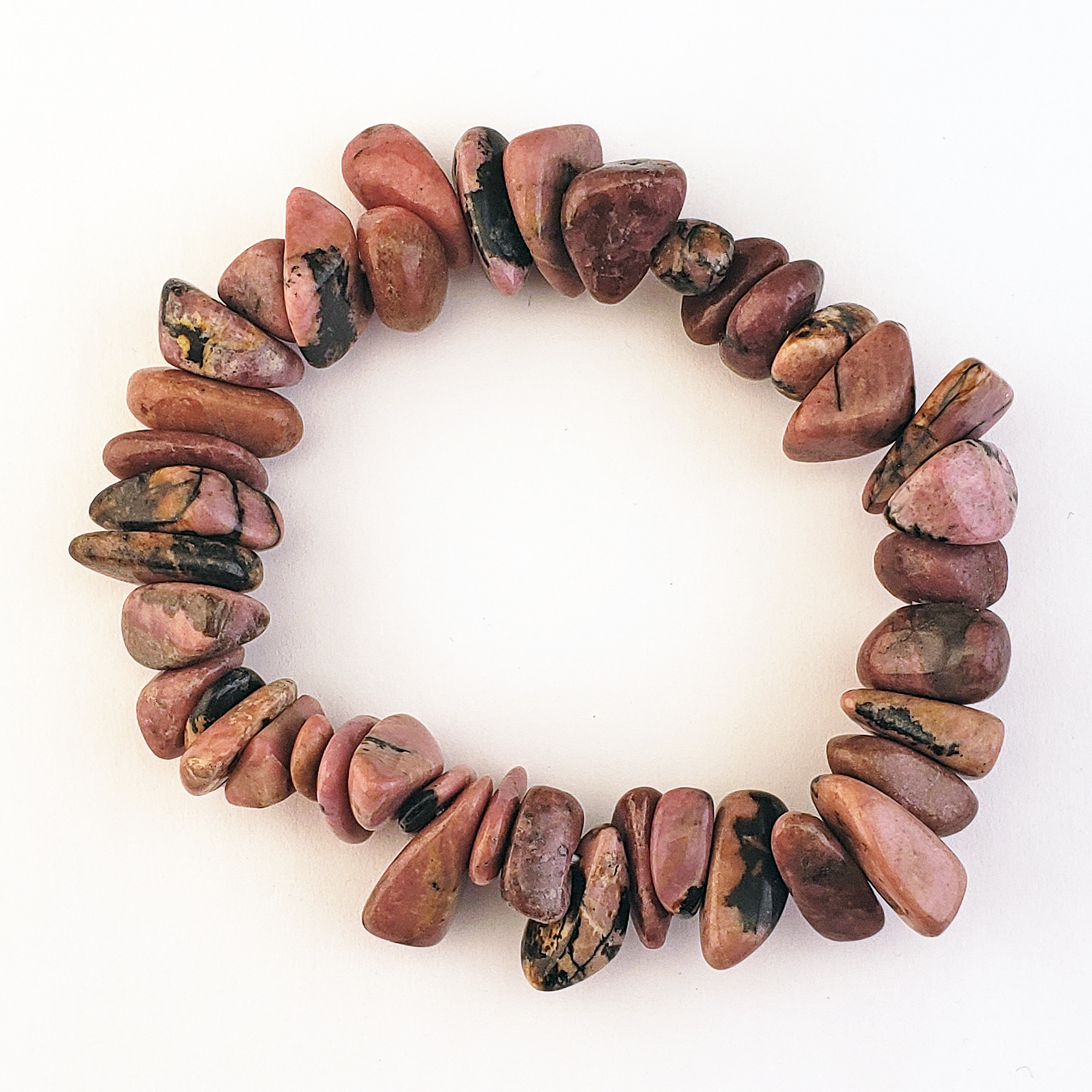 Rhodonite Crystal Natural Gemstone Nugget Bead Bracelet - White Background