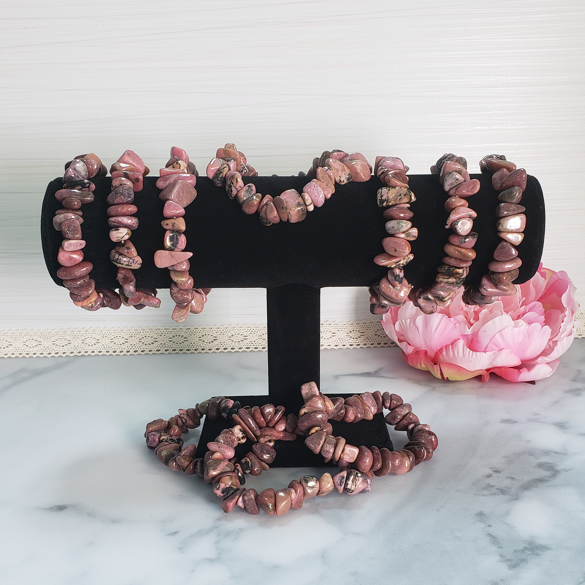 Rhodonite Crystal Natural Gemstone Nugget Bead Bracelet