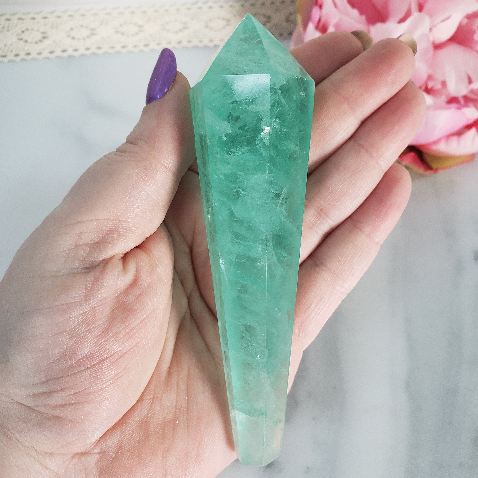 Unique Aqua Green Fluorite Crystal Wand Natural Gemstone Scepter | Rih - 2