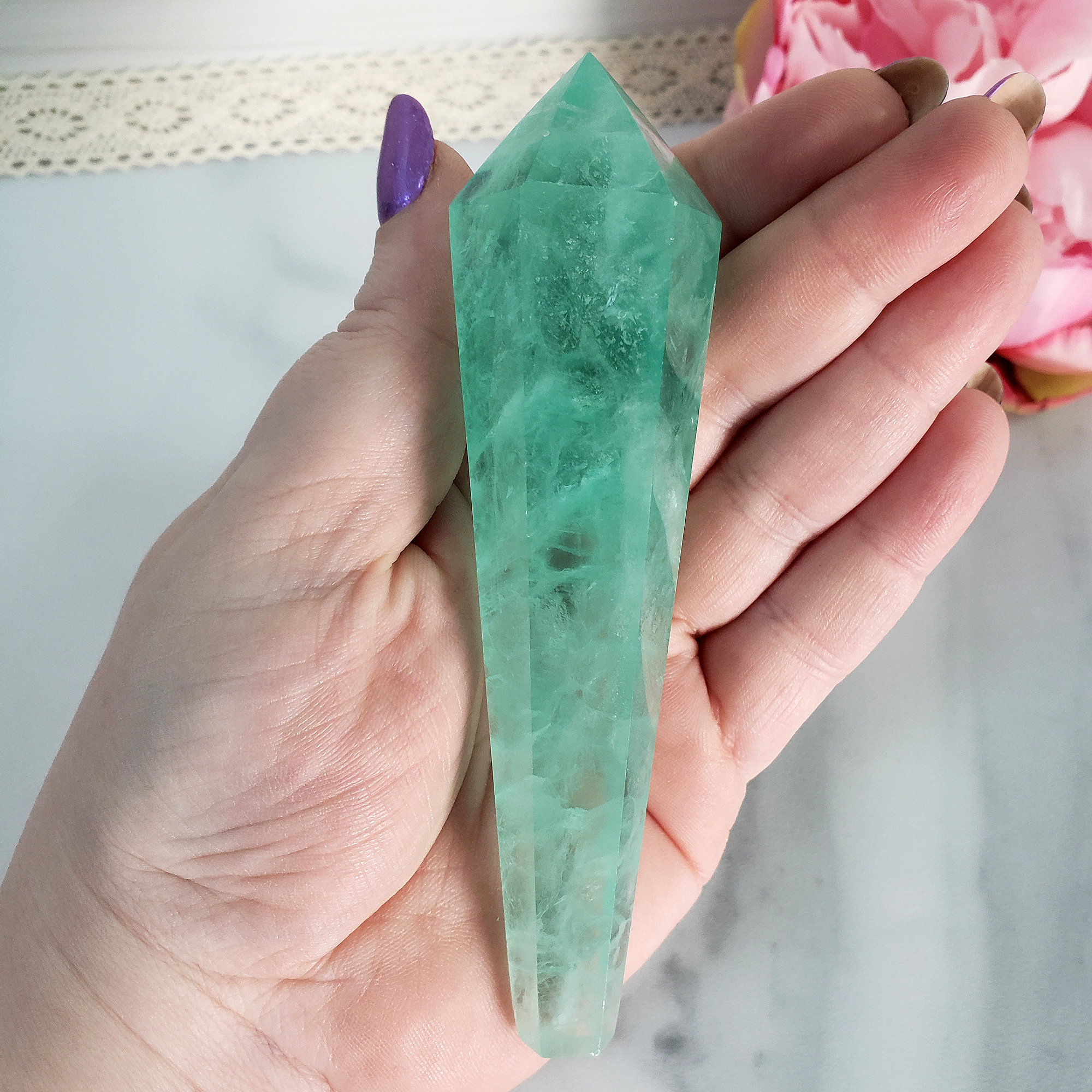 Unique Aqua Green Fluorite Crystal Wand Natural Gemstone Scepter | Rih