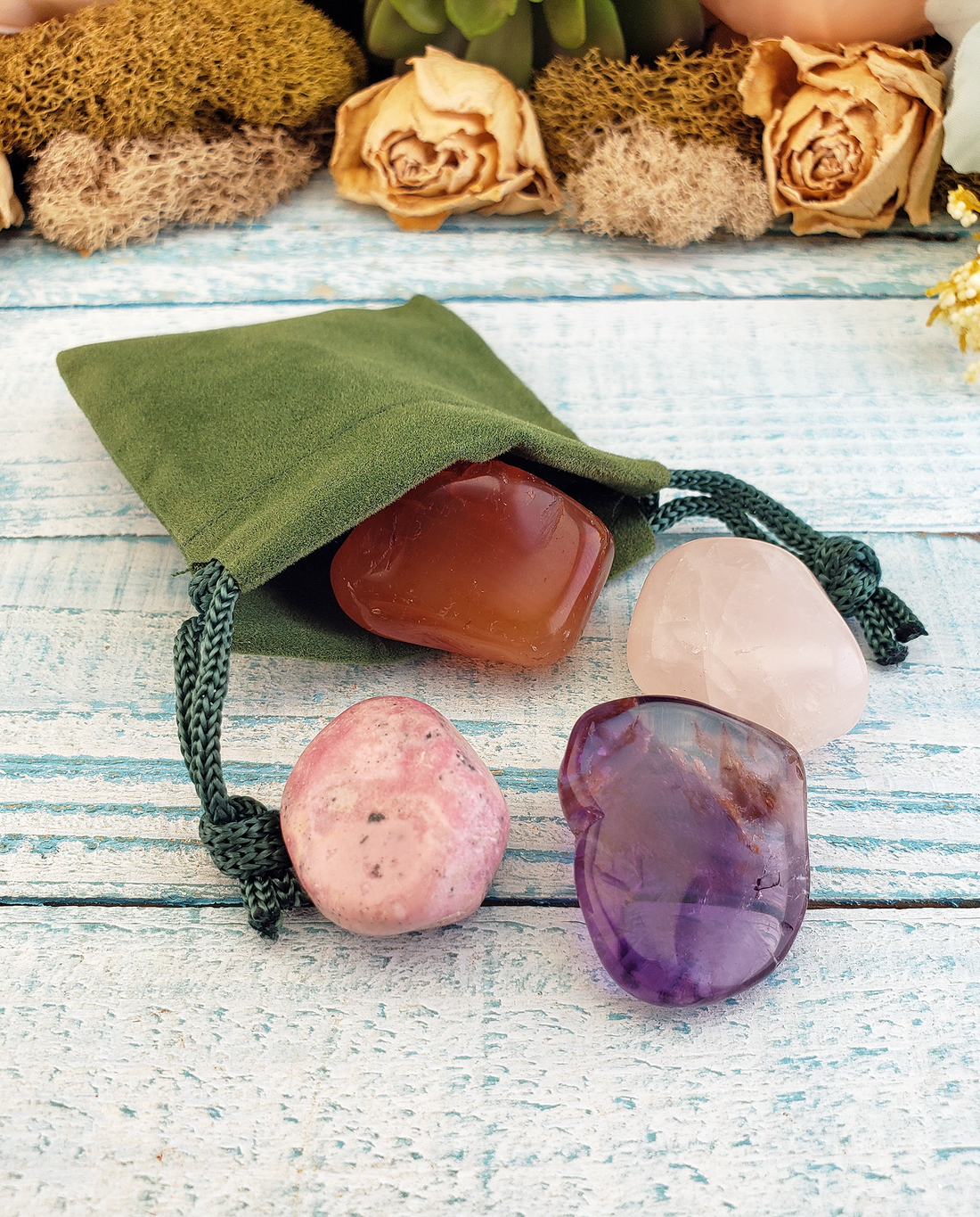 Romantic Love - Set of Four Tumbled Stones with Pouch