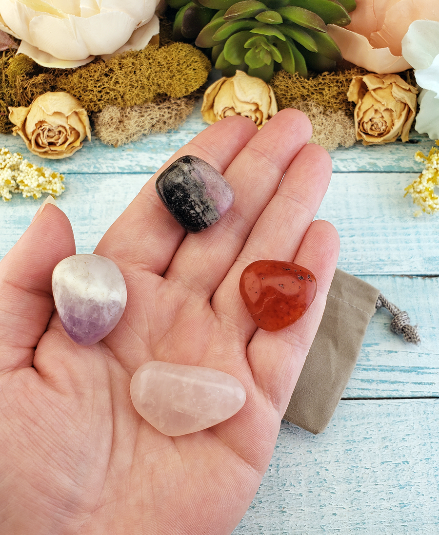 Romantic Love - Set of Four Tumbled Stones with Pouch - Rose Quartz Carnelian Rhodonite Amethyst