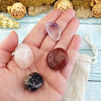 Romantic Love - Set of Four Tumbled Stones with Pouch - Rose Quartz Carnelian Rhodonite Amethyst - Natural Crystals for Romance