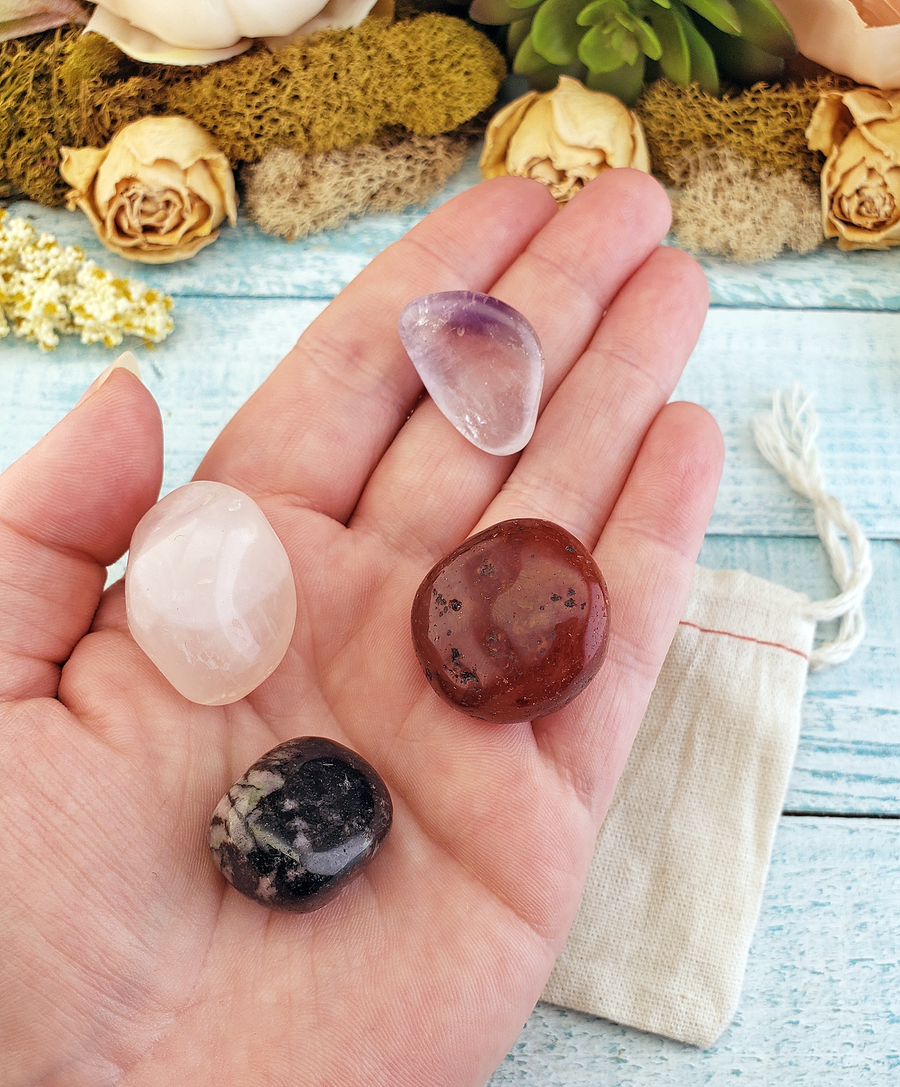 Romantic Love - Set of Four Tumbled Stones with Pouch - Rose Quartz Carnelian Rhodonite Amethyst - Natural Crystals for Romance