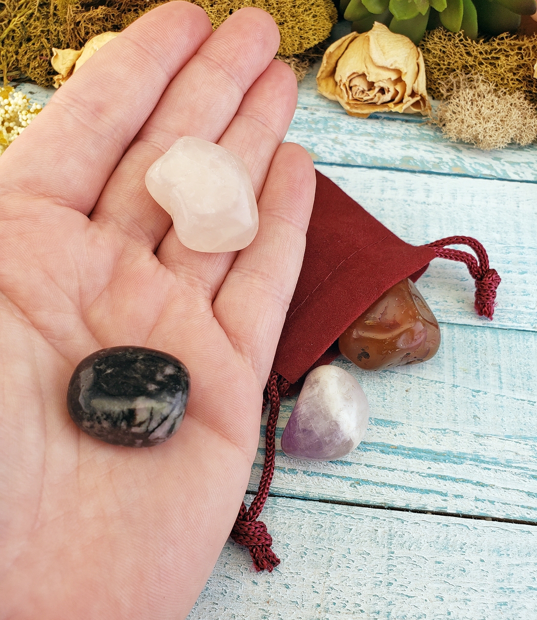 Romantic Love - Set of Four Tumbled Stones with Pouch - Rose Quartz Carnelian Rhodonite Amethyst - Natural Tumbled Crystals