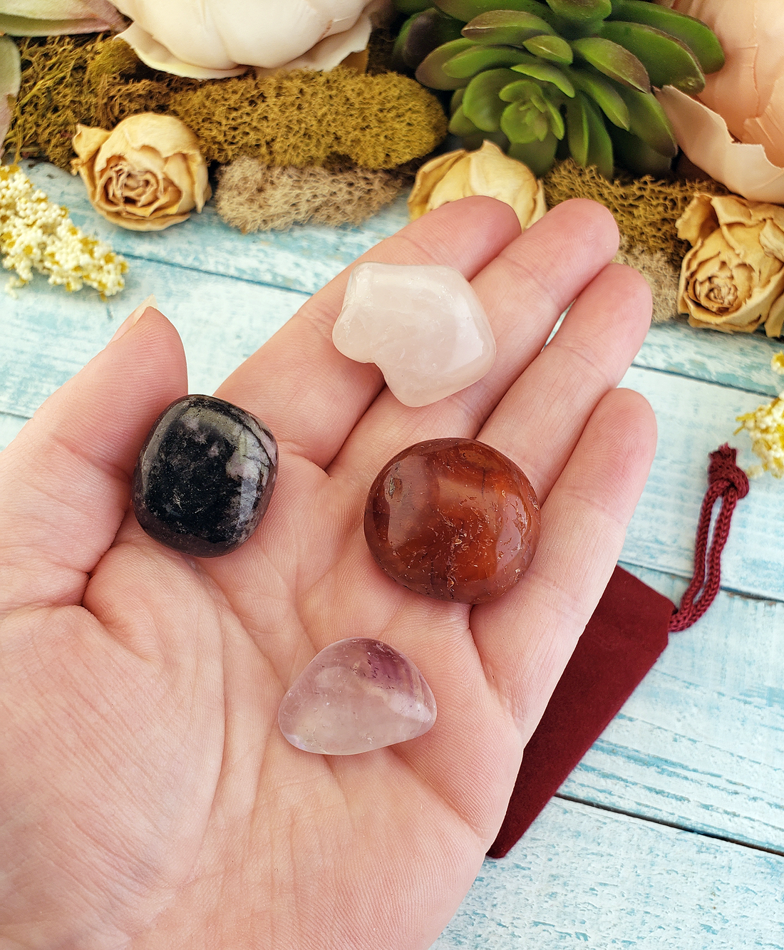 Romantic Love - Set of Four Tumbled Stones with Pouch - Rose Quartz Carnelian Rhodonite Amethyst - Natural Crystals