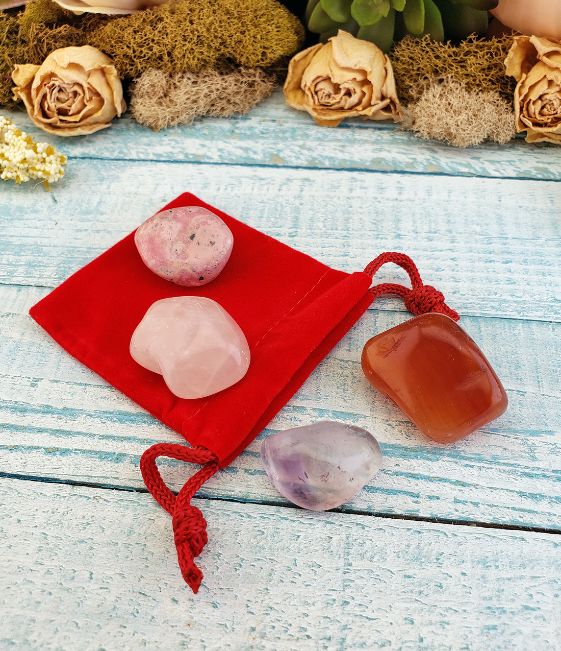 Romantic Love - Set of Four Tumbled Stones with Pouch - Rose Quartz Carnelian Rhodonite