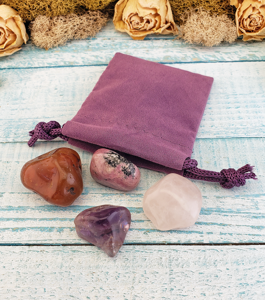 Romantic Love - Set of Four Tumbled Stones with Pouch - Rose Quartz Carnelian Rhodonite Amethyst - Meditation and Fidget Stones