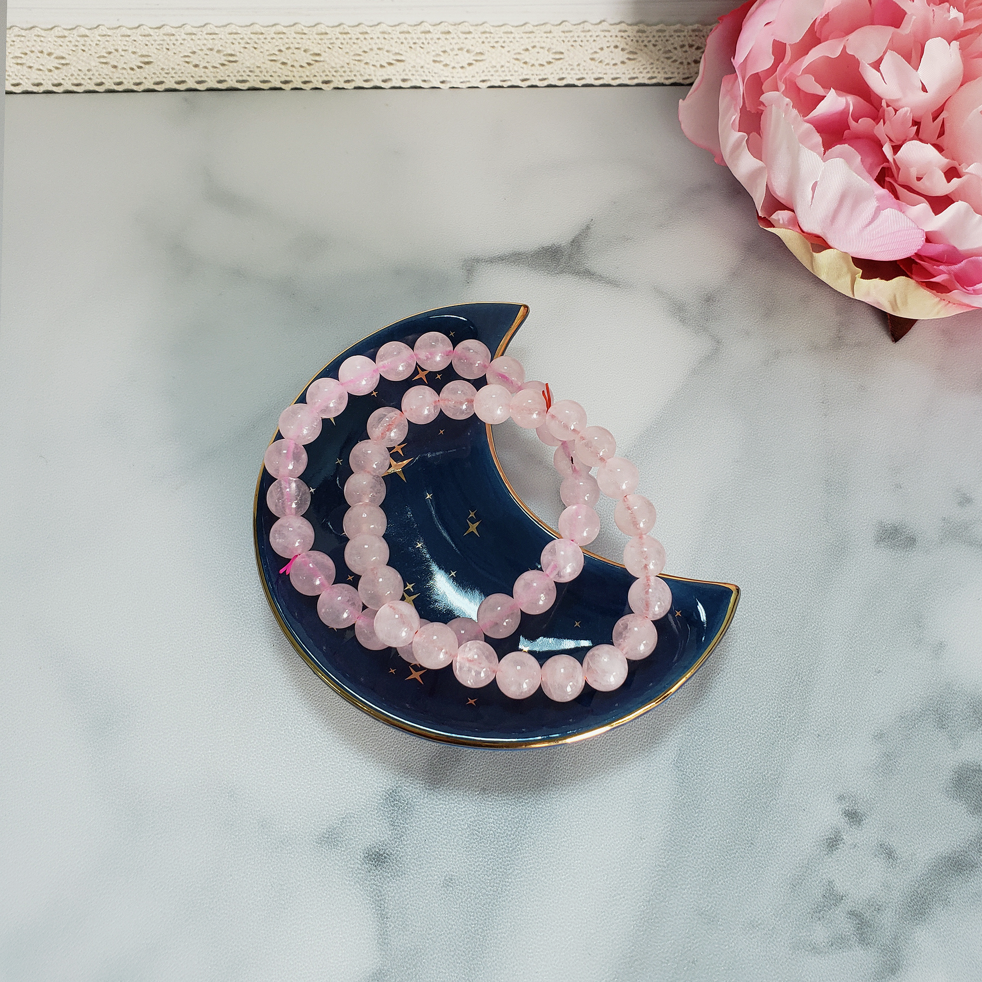 Rose Quartz Crystal 8mm Bead Bracelet - Two Bracelets on Jewelry Dish