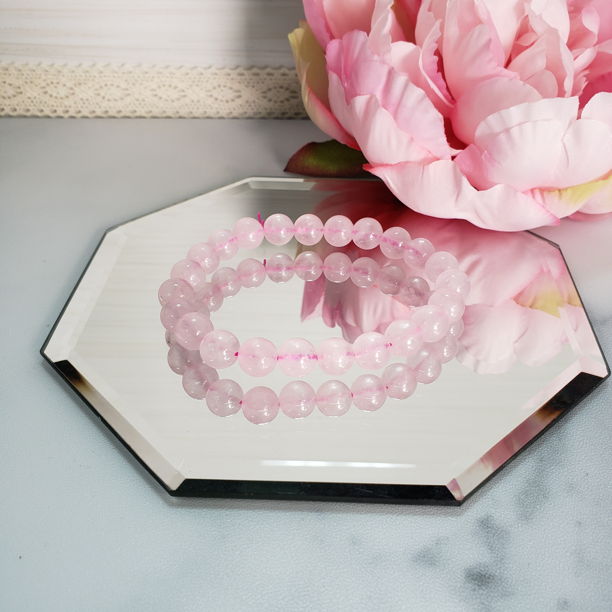 Rose Quartz Crystal 8mm Bead Bracelet - On Mirror