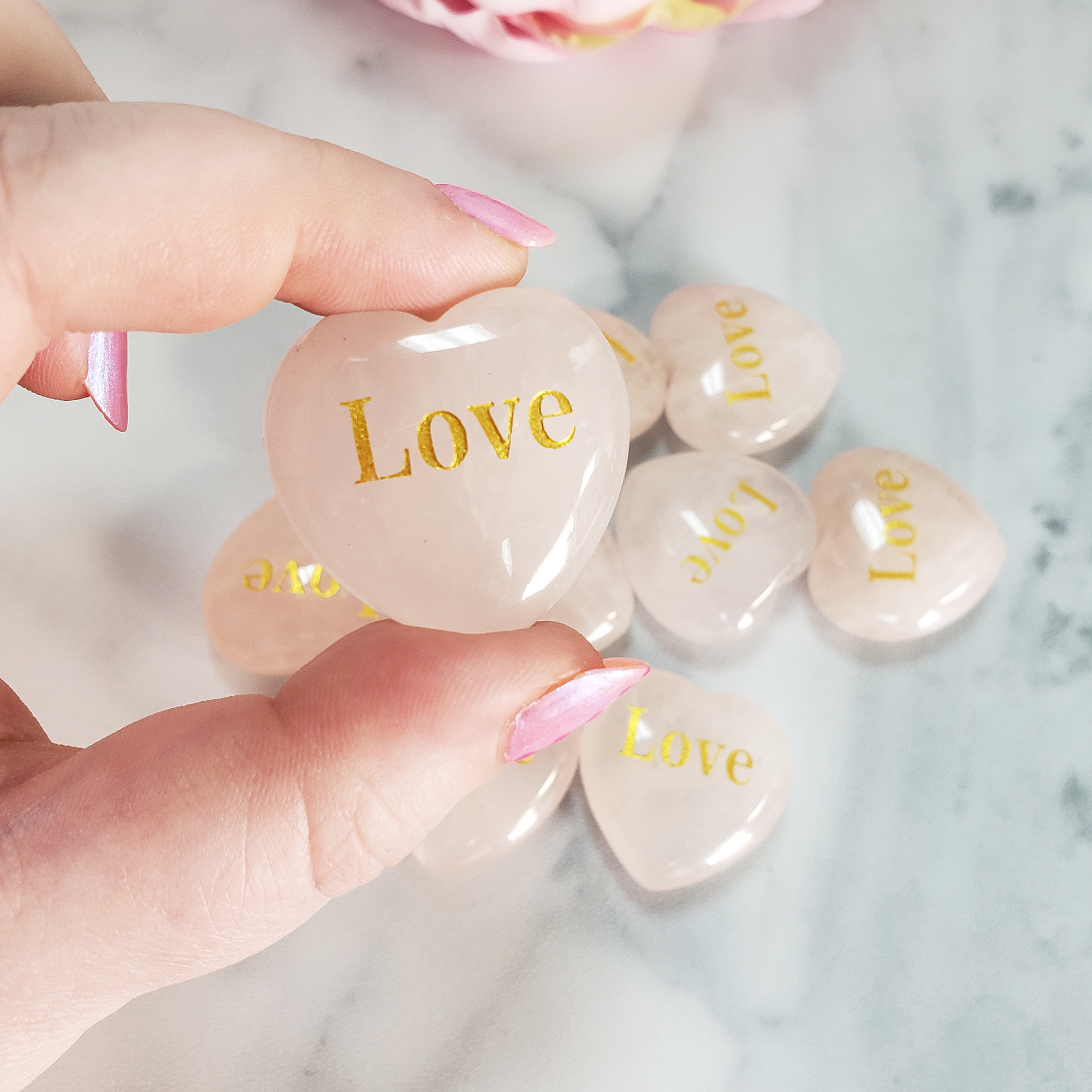 Rose Quartz Crystal Natural Gemstone Heart Carving | Engraved Love Affirmation - Close Up