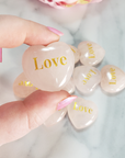 Rose Quartz Crystal Natural Gemstone Heart Carving | Engraved Love Affirmation - Close Up
