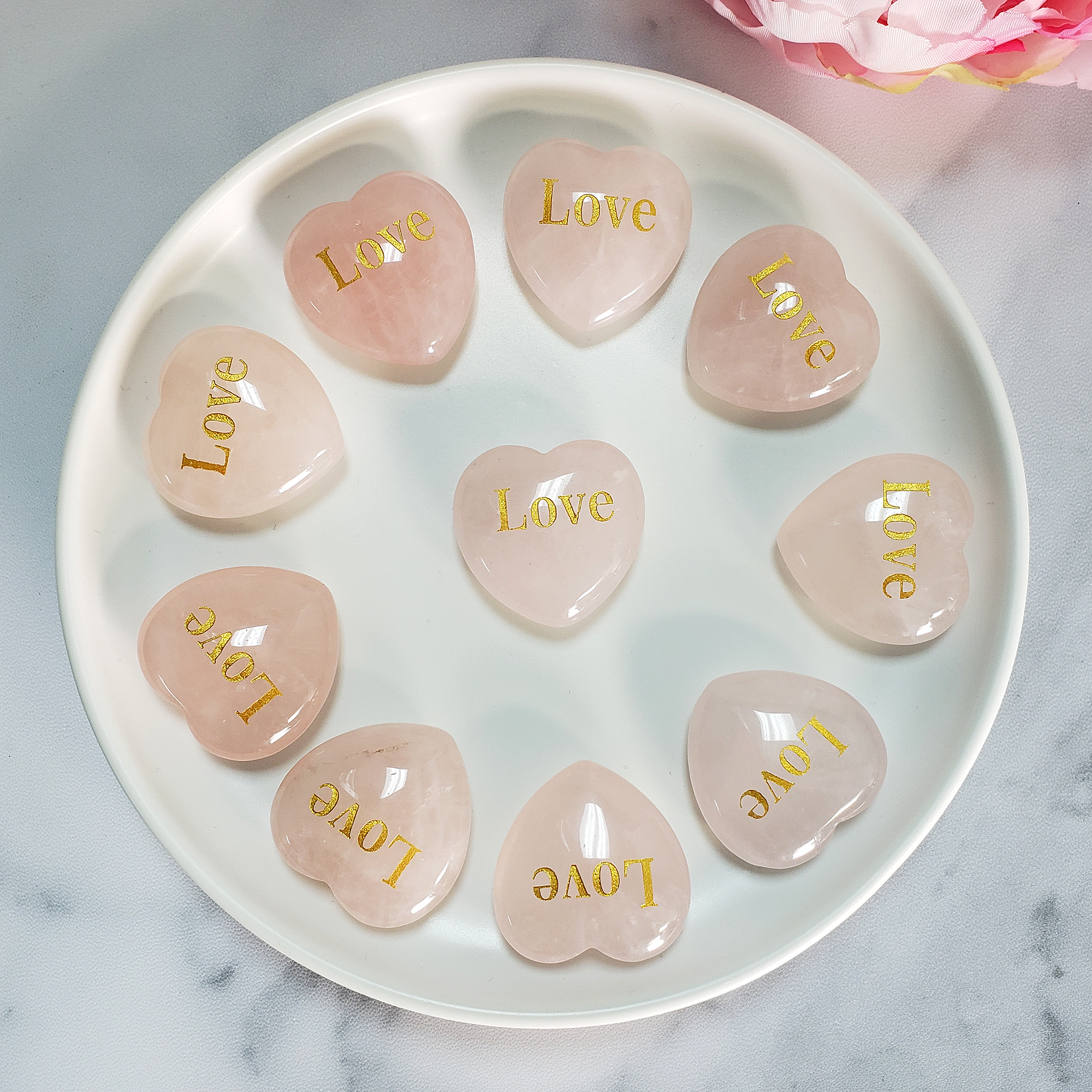 Rose Quartz Crystal Natural Gemstone Heart Carving | Engraved Love Affirmation - Rose Quartz Gemstone Hearts in White Ceramic Dish