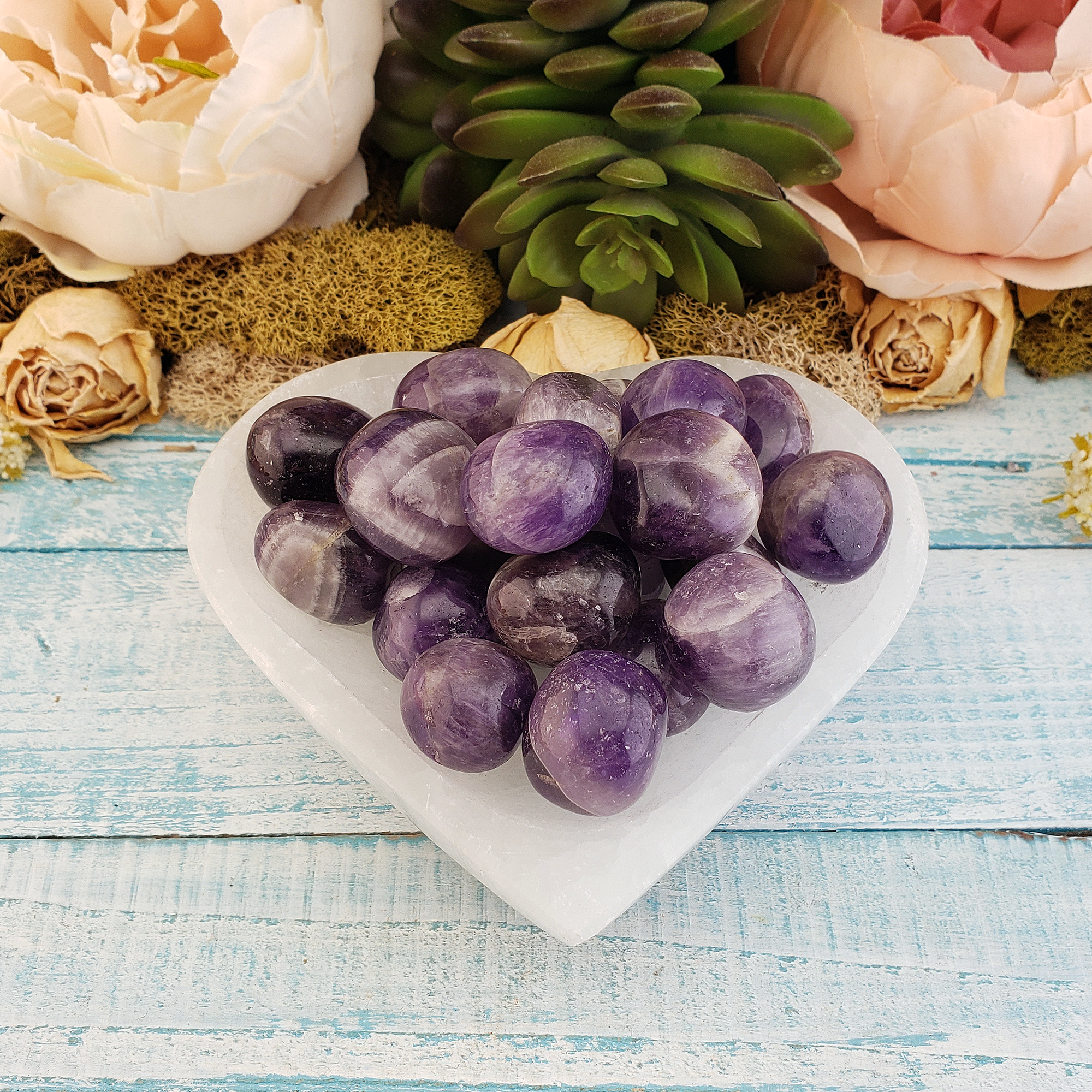 Indian Amethyst Natural Tumbled Crystal - One Stone - In Selenite Bowl