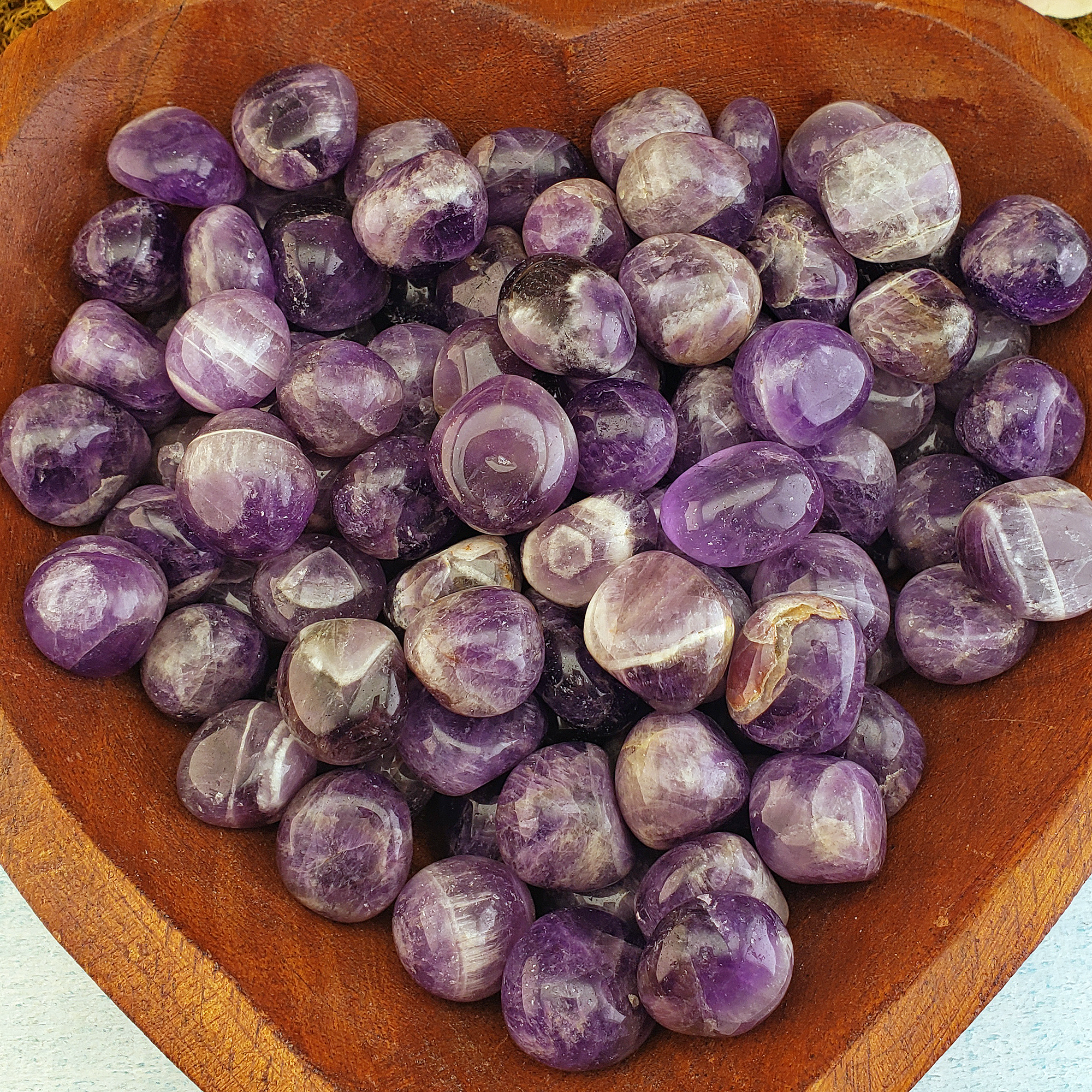 Indian Amethyst Natural Tumbled Crystal - One Stone - Heart Shaped Wooden Bowl