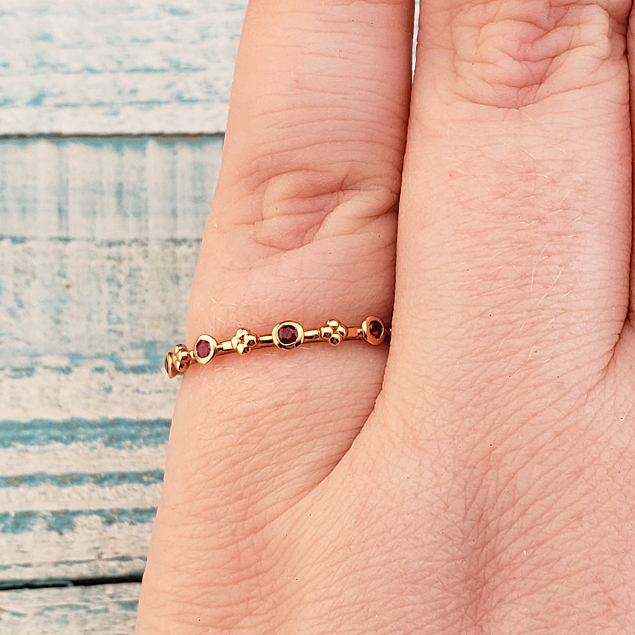 10k Rose Gold Ruby Gemstone Floral Stacking Ring - Size 7 - Close Up on Pinky