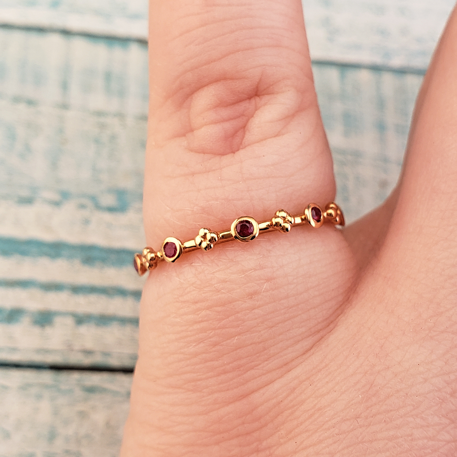 10k Rose Gold Ruby Gemstone Floral Stacking Ring - Size 7 - On Pinky Finger